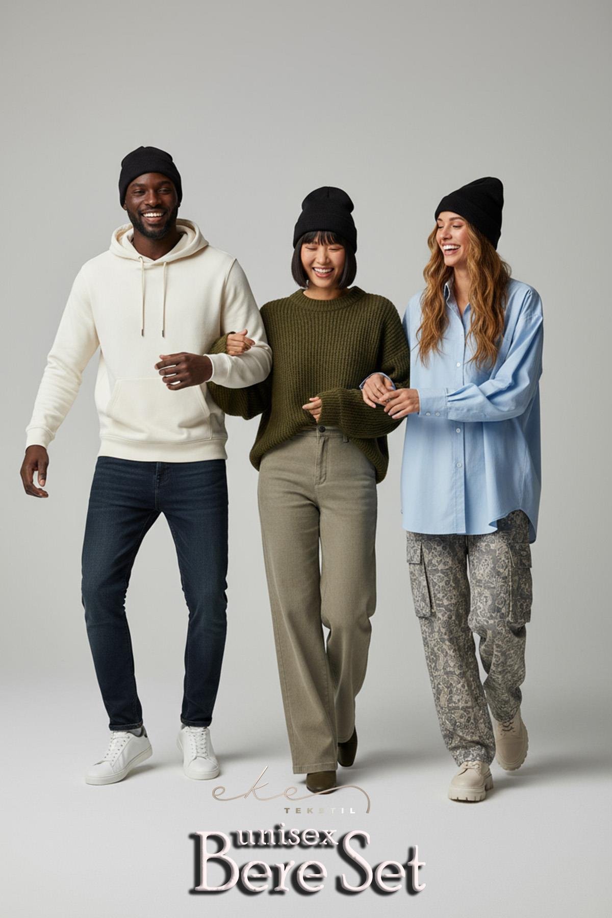 Unisex Katlamalı Siyah 3'lü Bere Seti