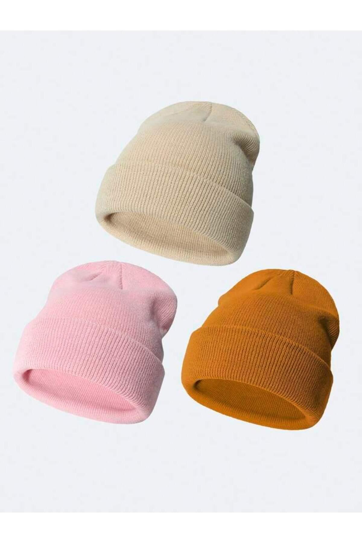 Unisex Katlamalı Siyah,açık Vizon,taş 3'lü Bere Seti