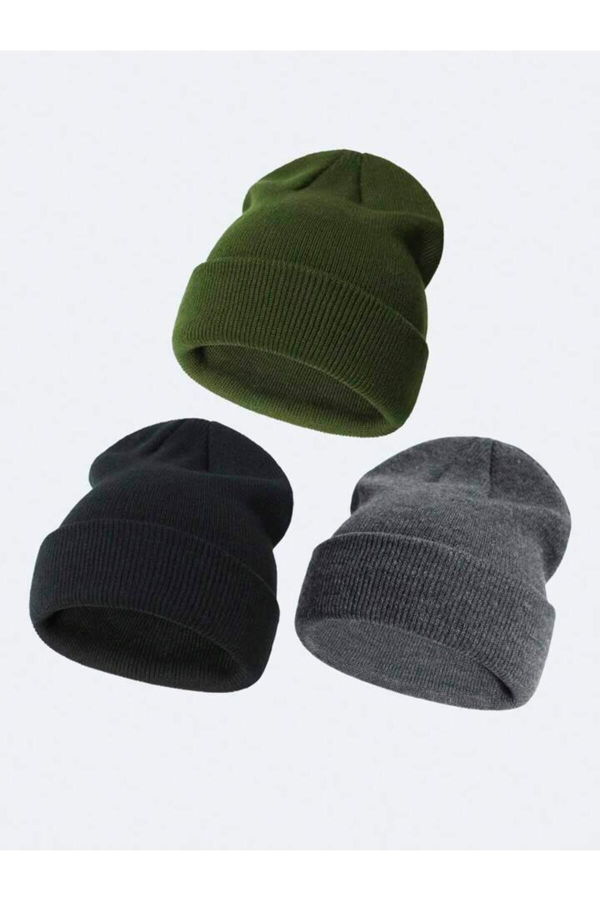 Unisex Katlamalı Siyah,açık Vizon,taş 3'lü Bere Seti