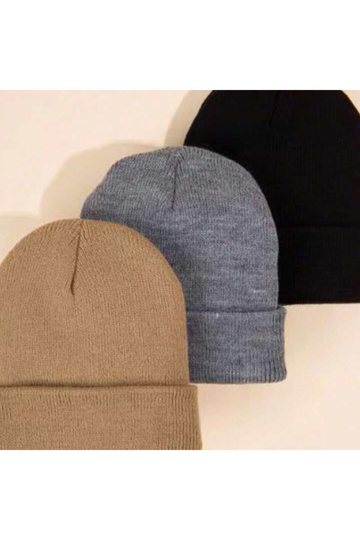 Unisex Katlamalı Siyah,açık Vizon,taş 3'lü Bere Seti
