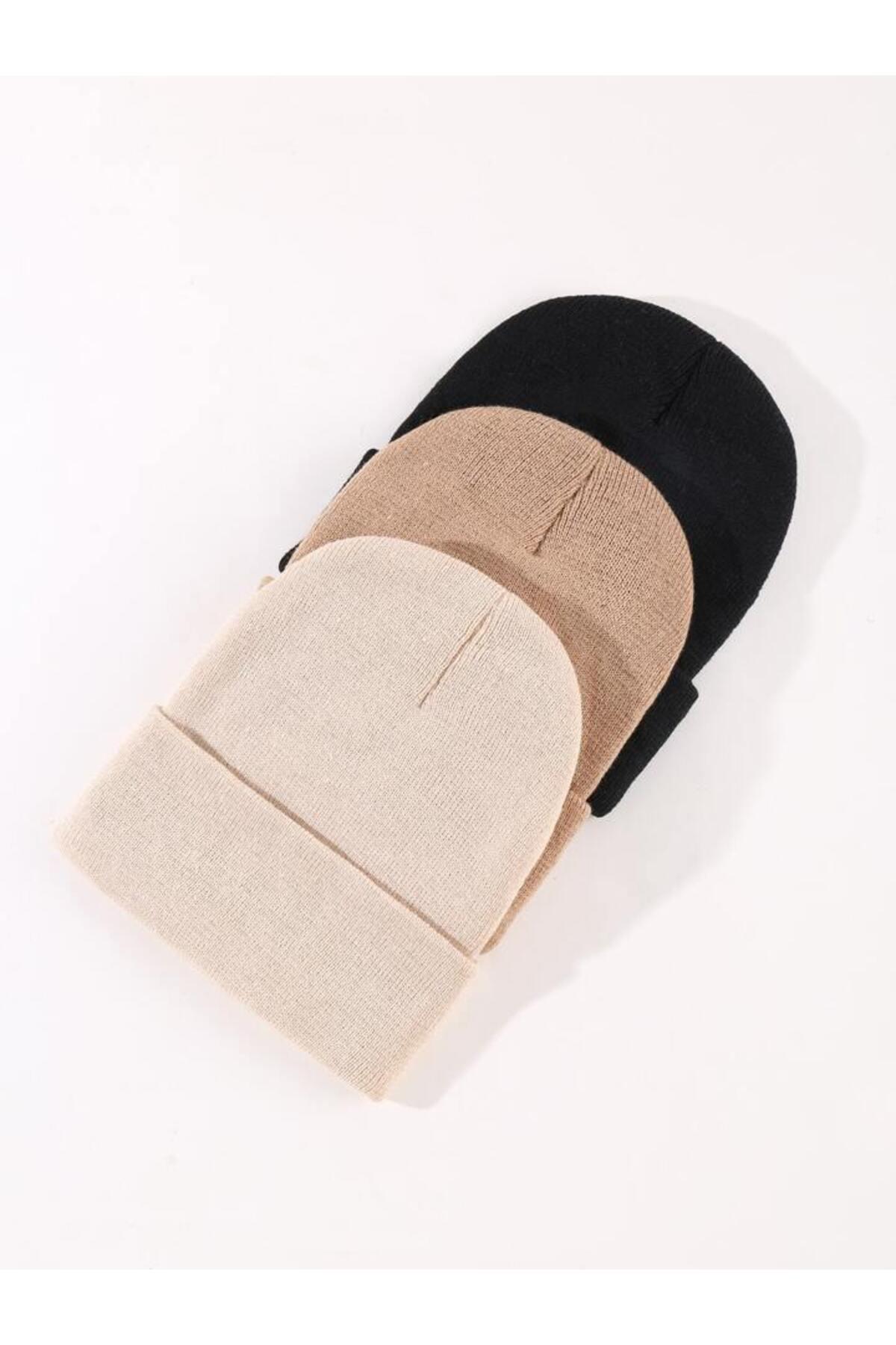 Unisex Katlamalı Siyah,açık Vizon,taş 3'lü Bere Seti