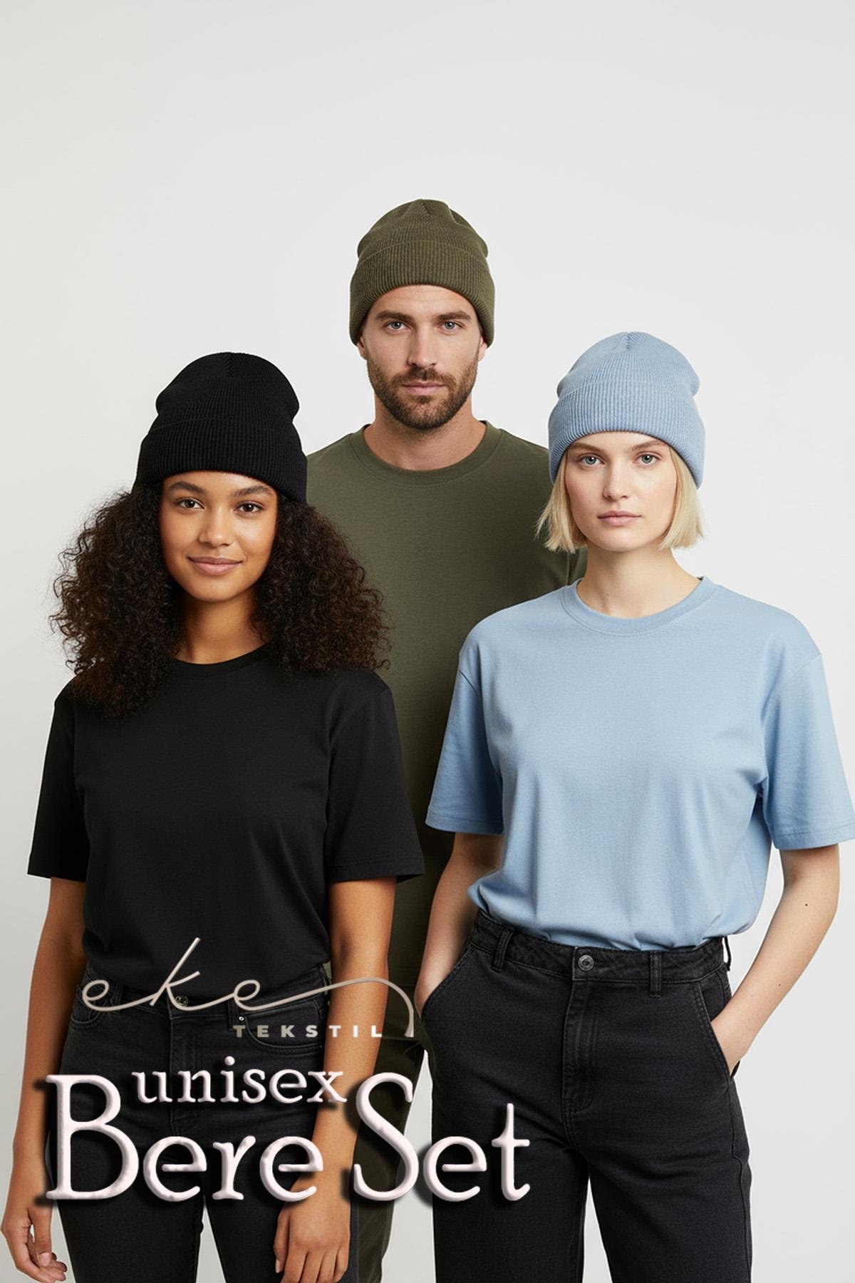 Unisex Katlamalı Siyah,Bebe mavi,Haki  3'lü Bere Seti