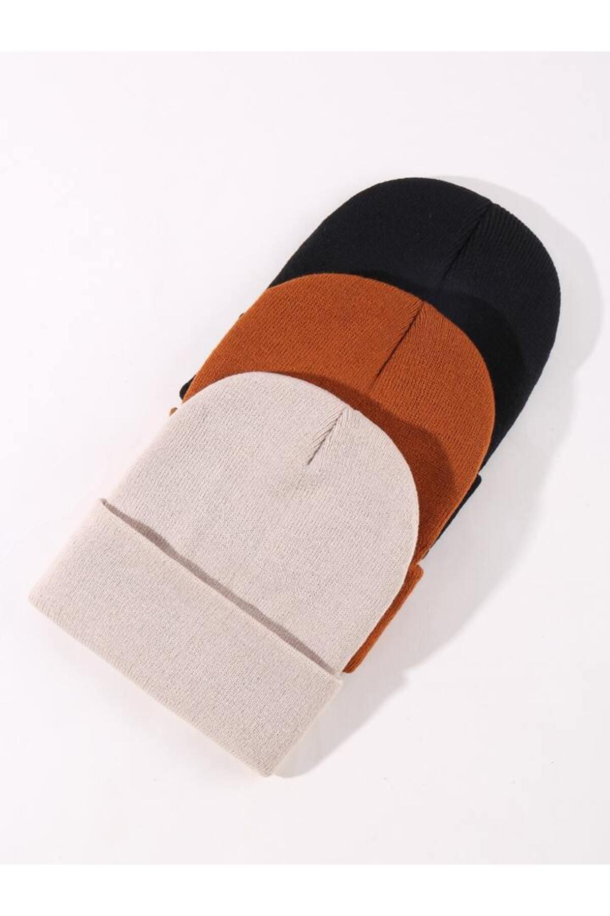 Unisex Katlamalı Siyah,kiremit,taş 3'lü Bere Seti