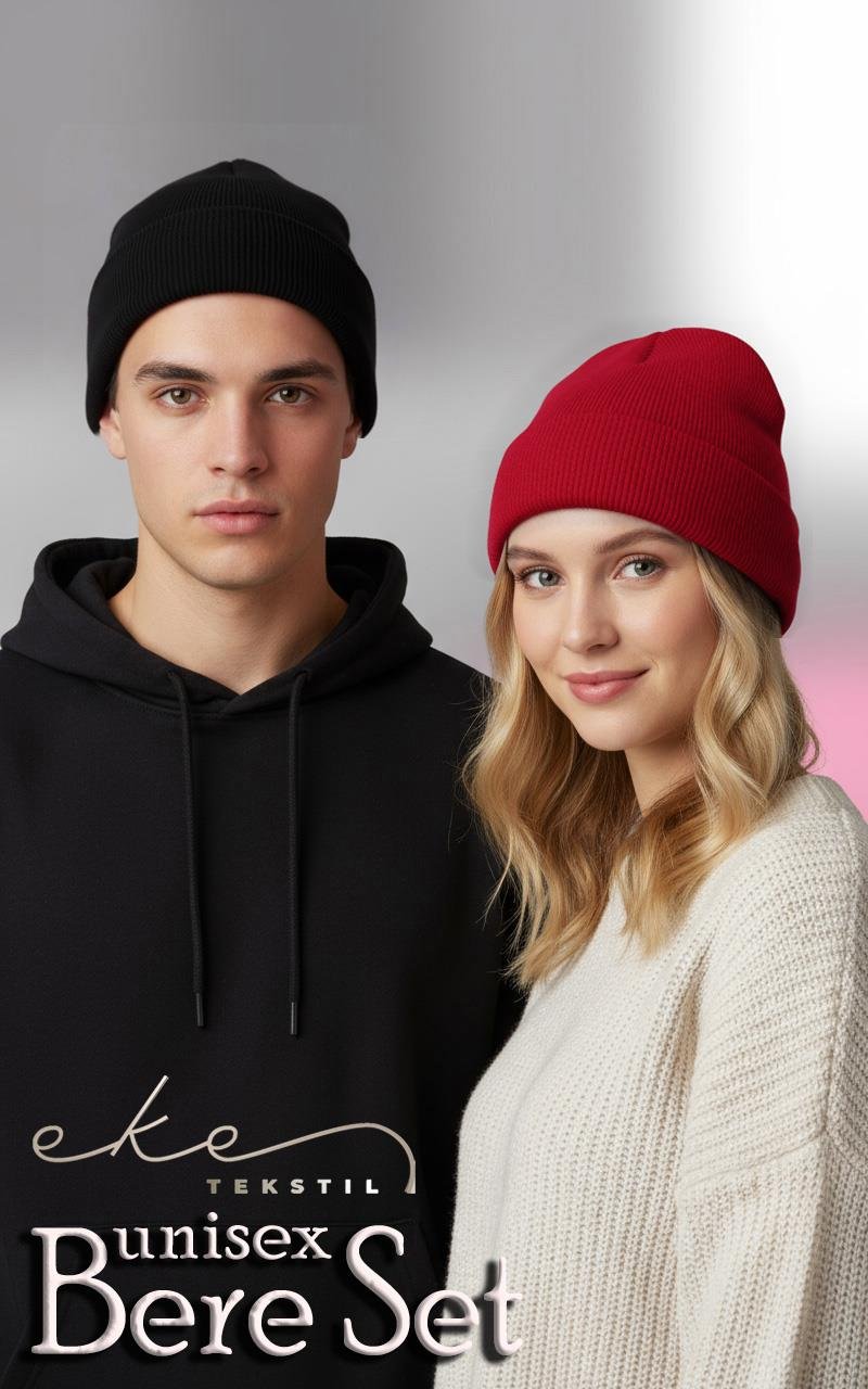 Unisex Katlamalı Siyah,Kırmızı 2'Lİ Bere Seti EKEBERESETİ2LİYENİ