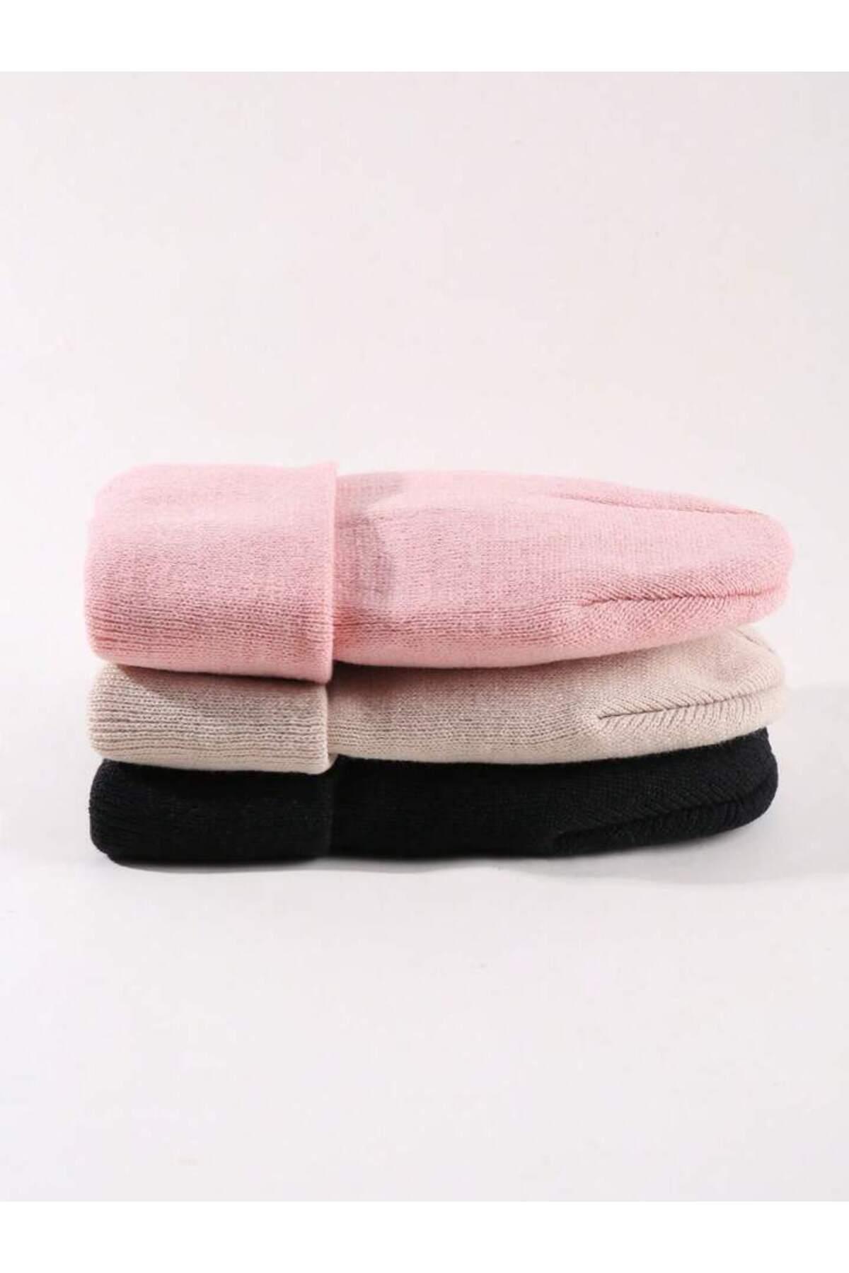 Unisex Katlamalı Siyah,taş,pembe 3'lü Bere Seti