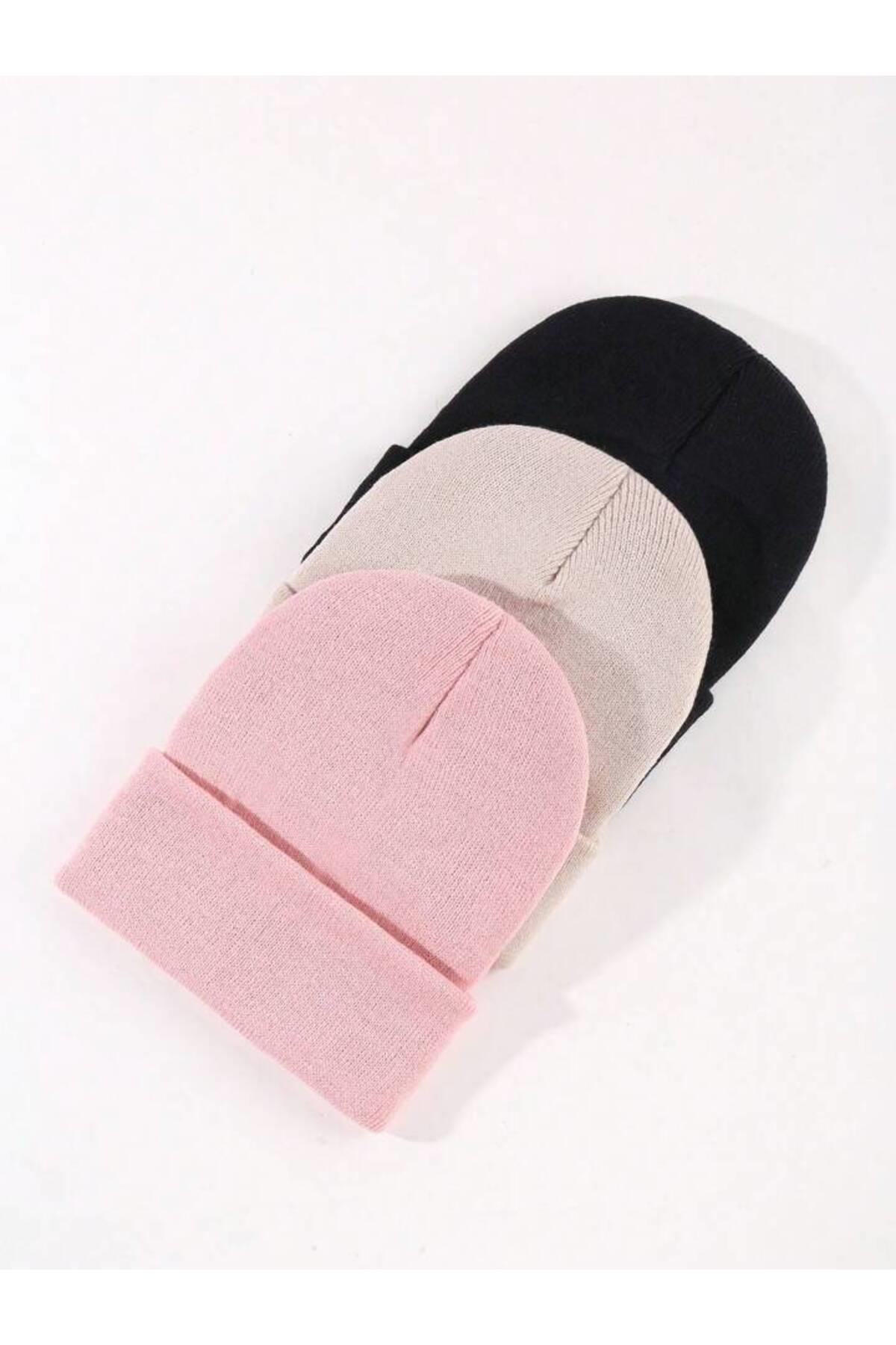 Unisex Katlamalı Siyah,taş,pembe 3'lü Bere Seti