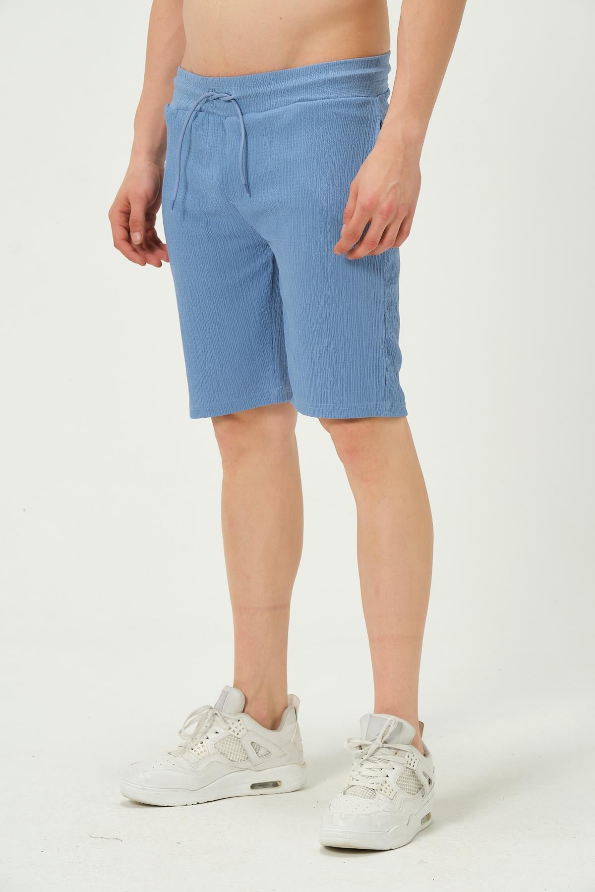 Erkek Crinkle Kumaş Regular Fit Şort Mavi