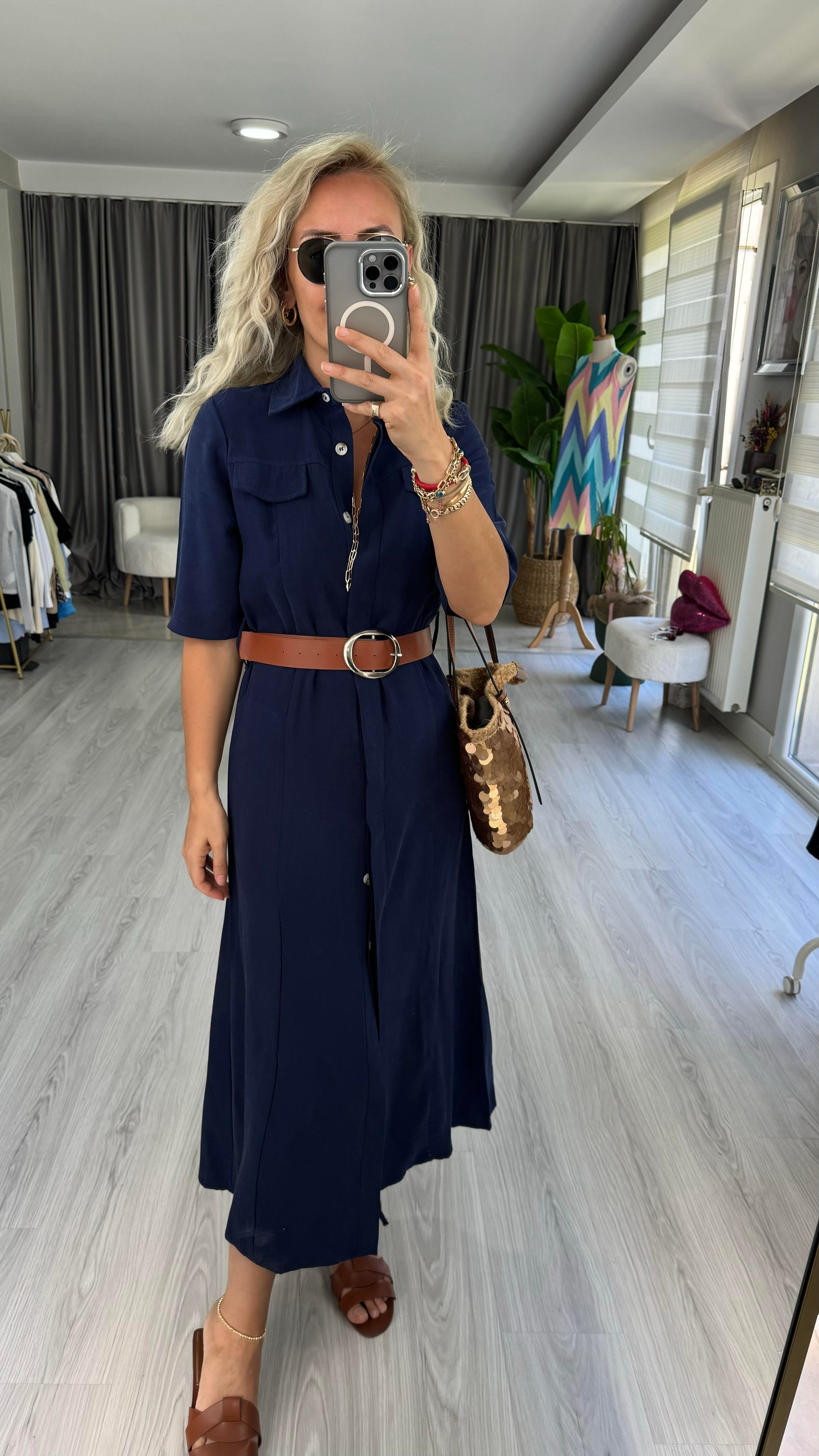  TENCEL MODAL KUMAŞ KEMERLİ LACİVERT GÖMLEK ELBİSE
