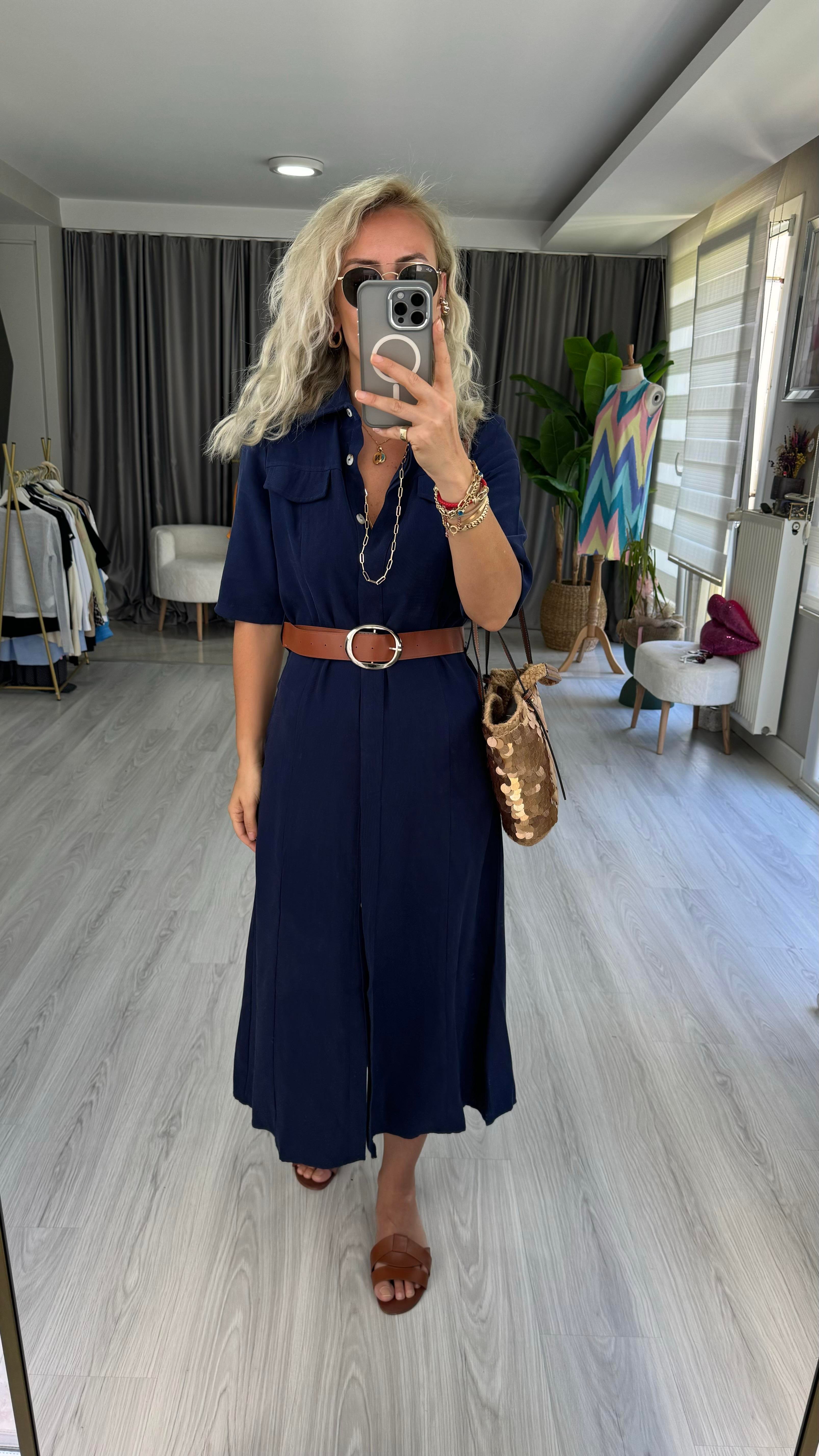  TENCEL MODAL KUMAŞ KEMERLİ LACİVERT GÖMLEK ELBİSE