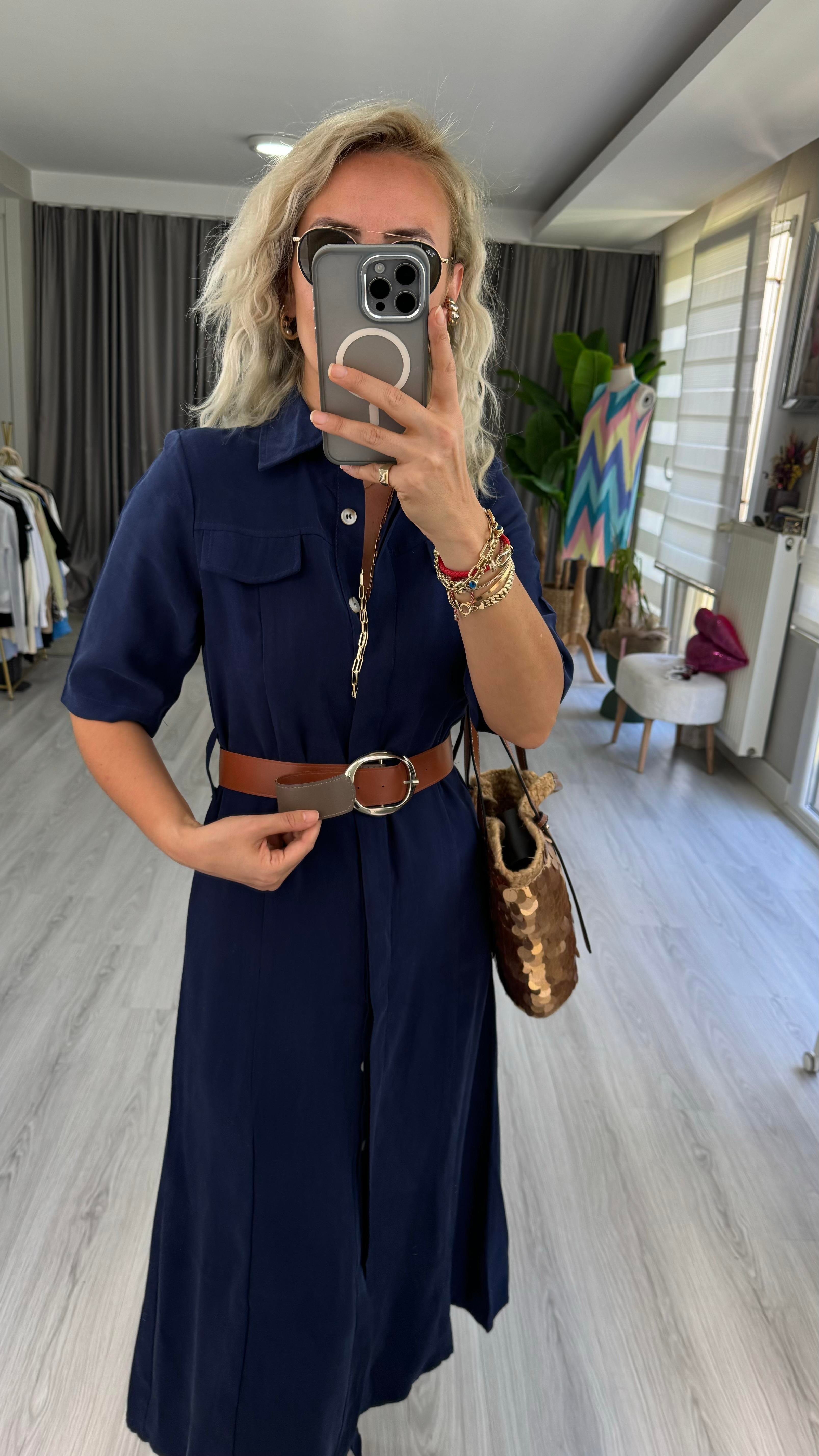  TENCEL MODAL KUMAŞ KEMERLİ LACİVERT GÖMLEK ELBİSE