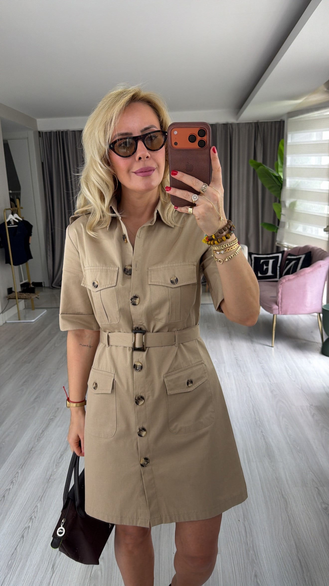 %100 Cotton Kemerli Bej Gömlek Elbise