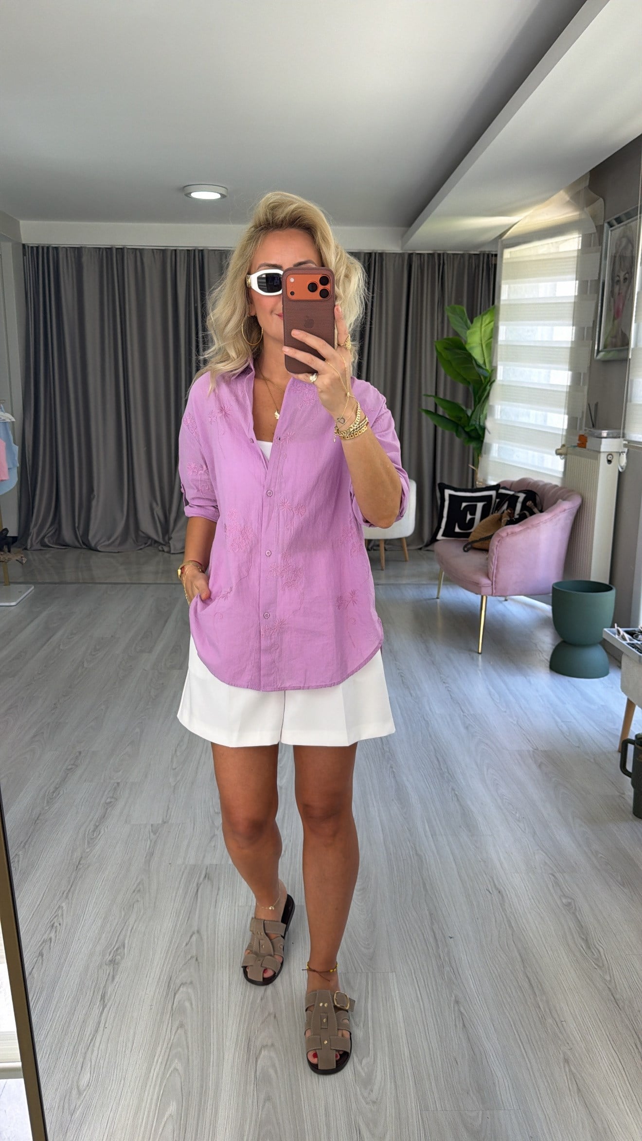 %100 Koton Çiçek Nakış Detaylı Lila Gömlek