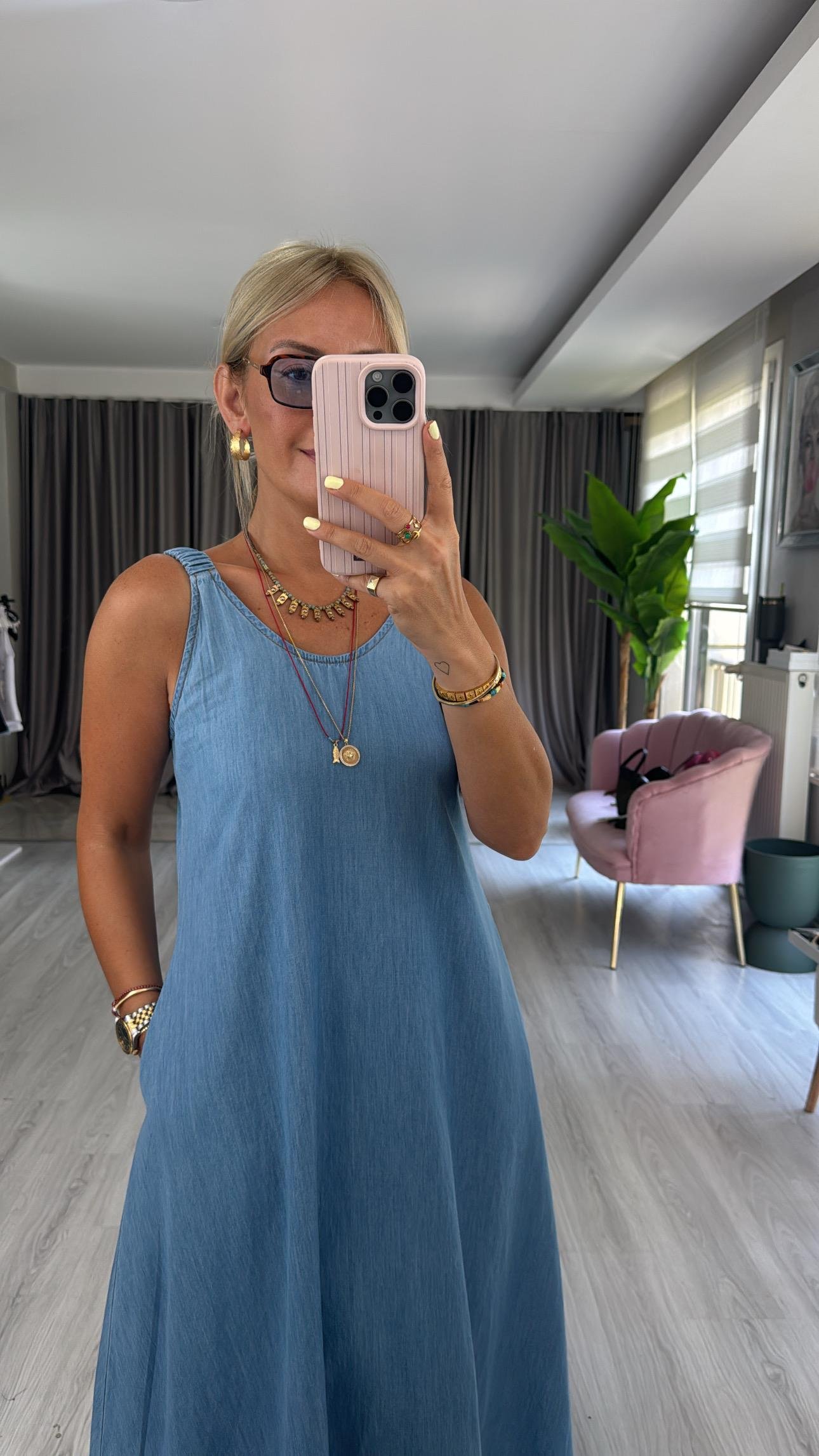 %100 Pamuk Büzgü Askılı Denim Tencel Elbise