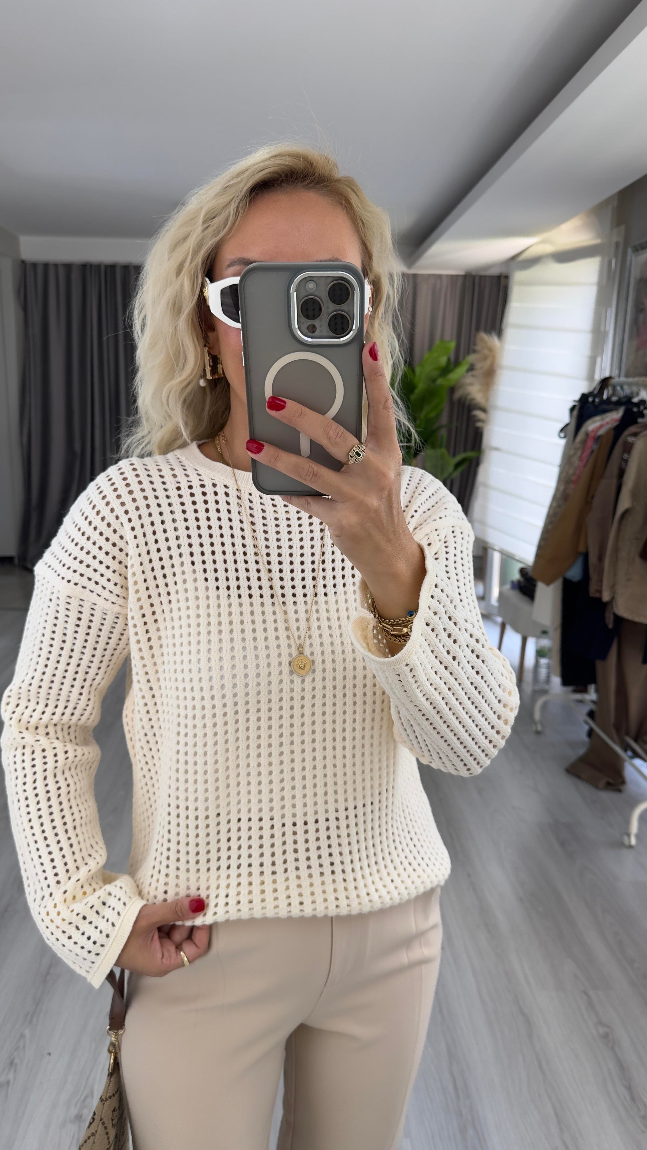 Ajurlu Merserize Ekru Triko