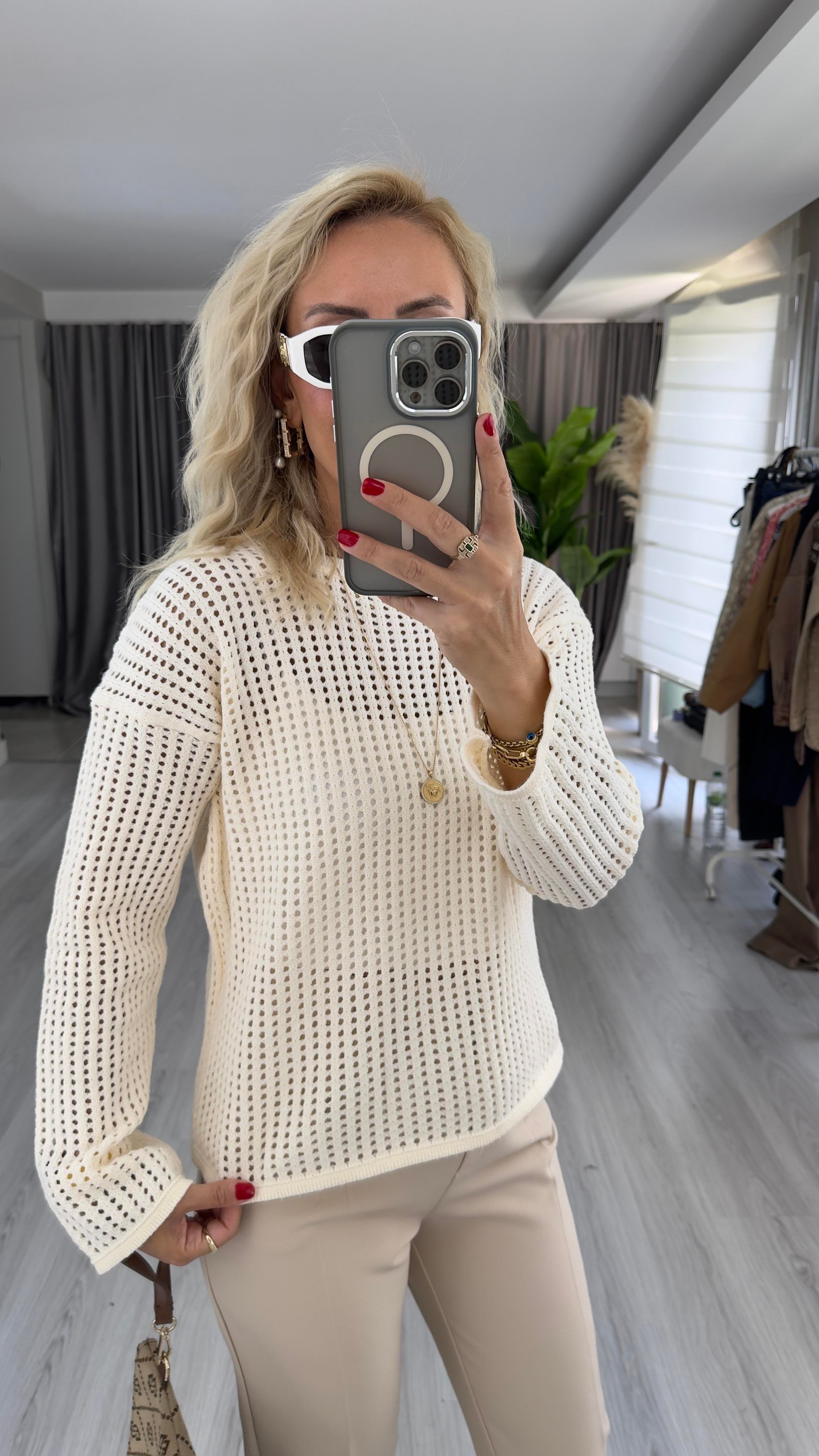 Ajurlu Merserize Ekru Triko