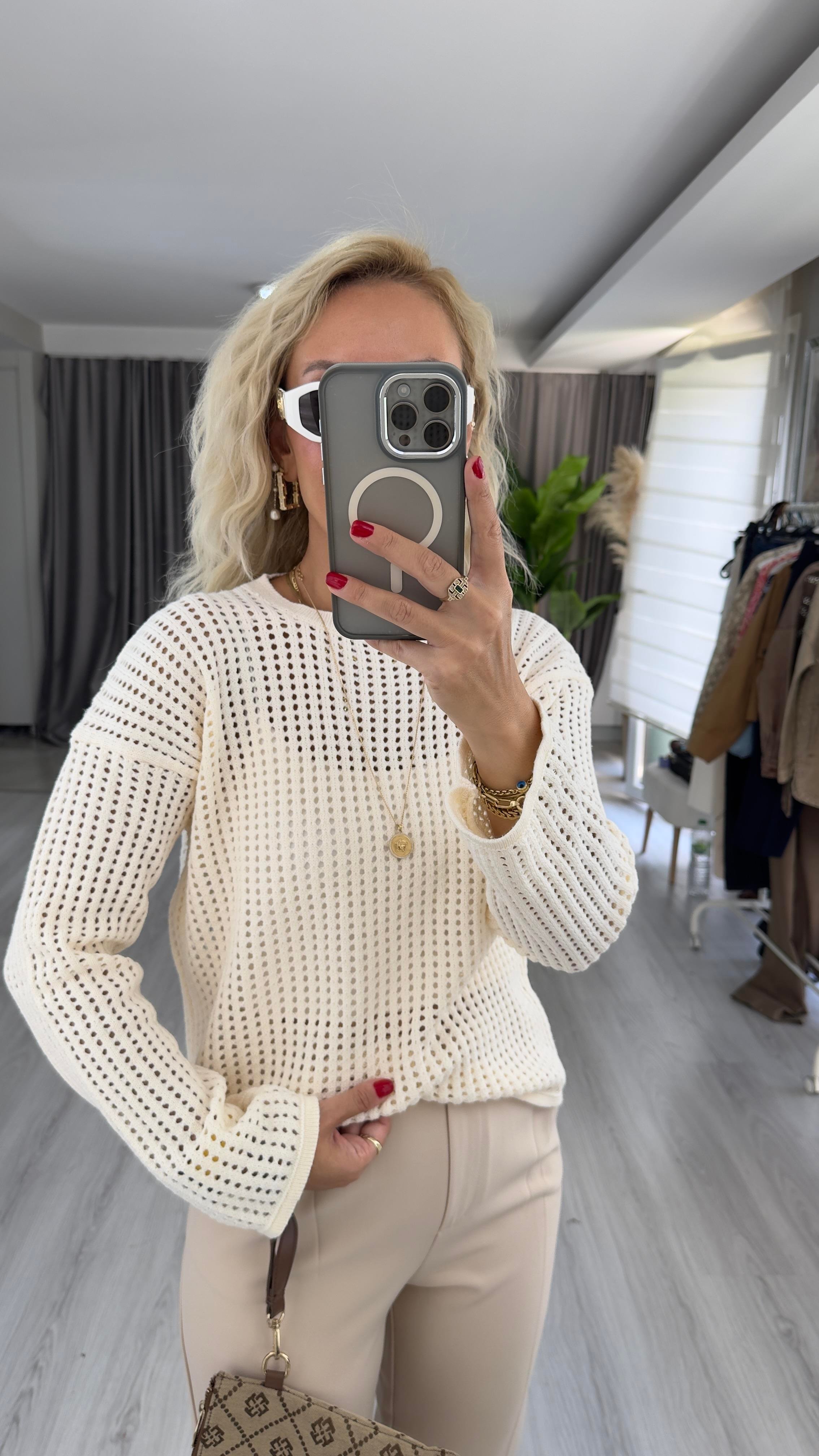 Ajurlu Merserize Ekru Triko