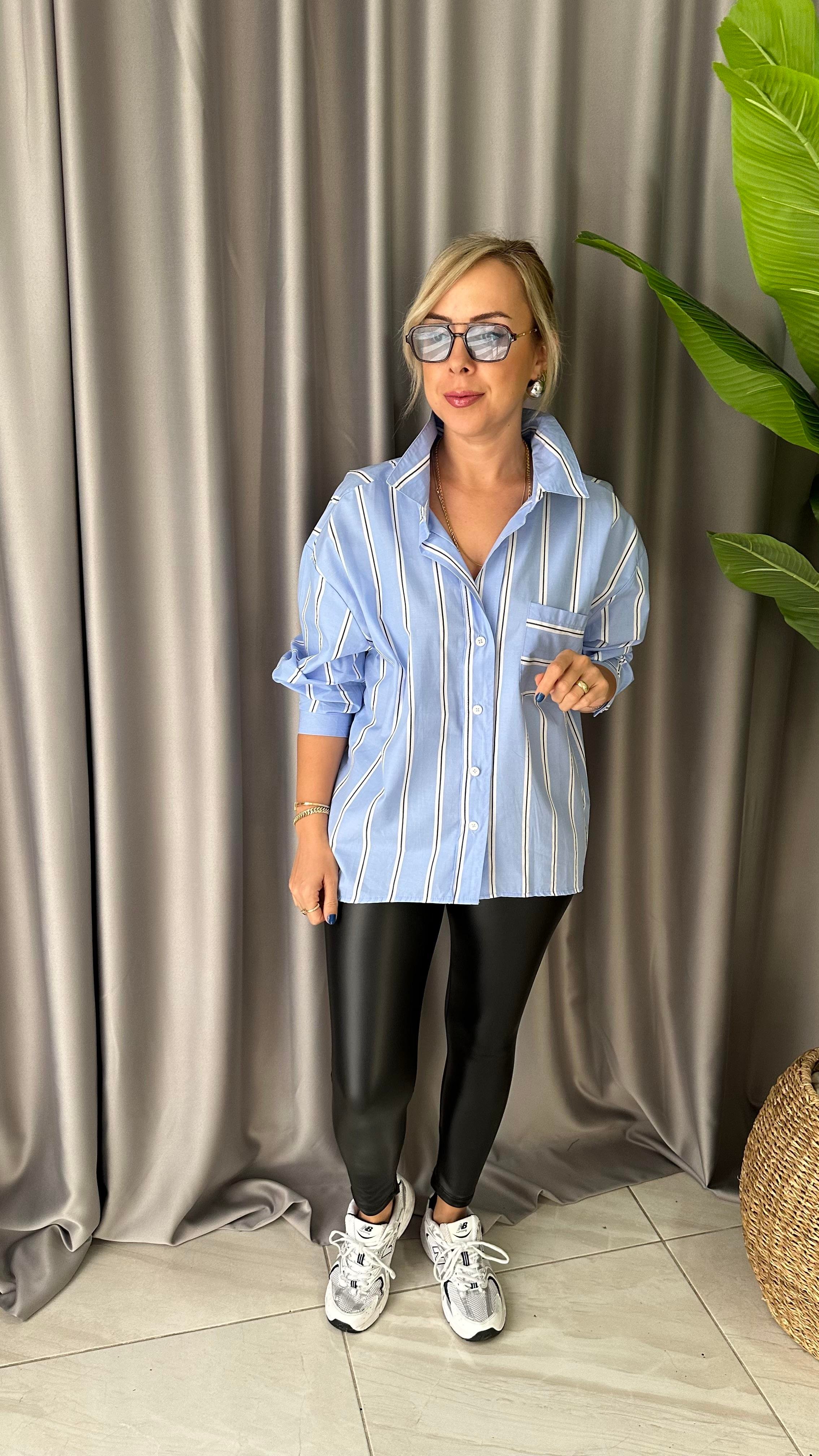 ÇİZGİLİ OVERSİZE MAVİ GÖMLEK