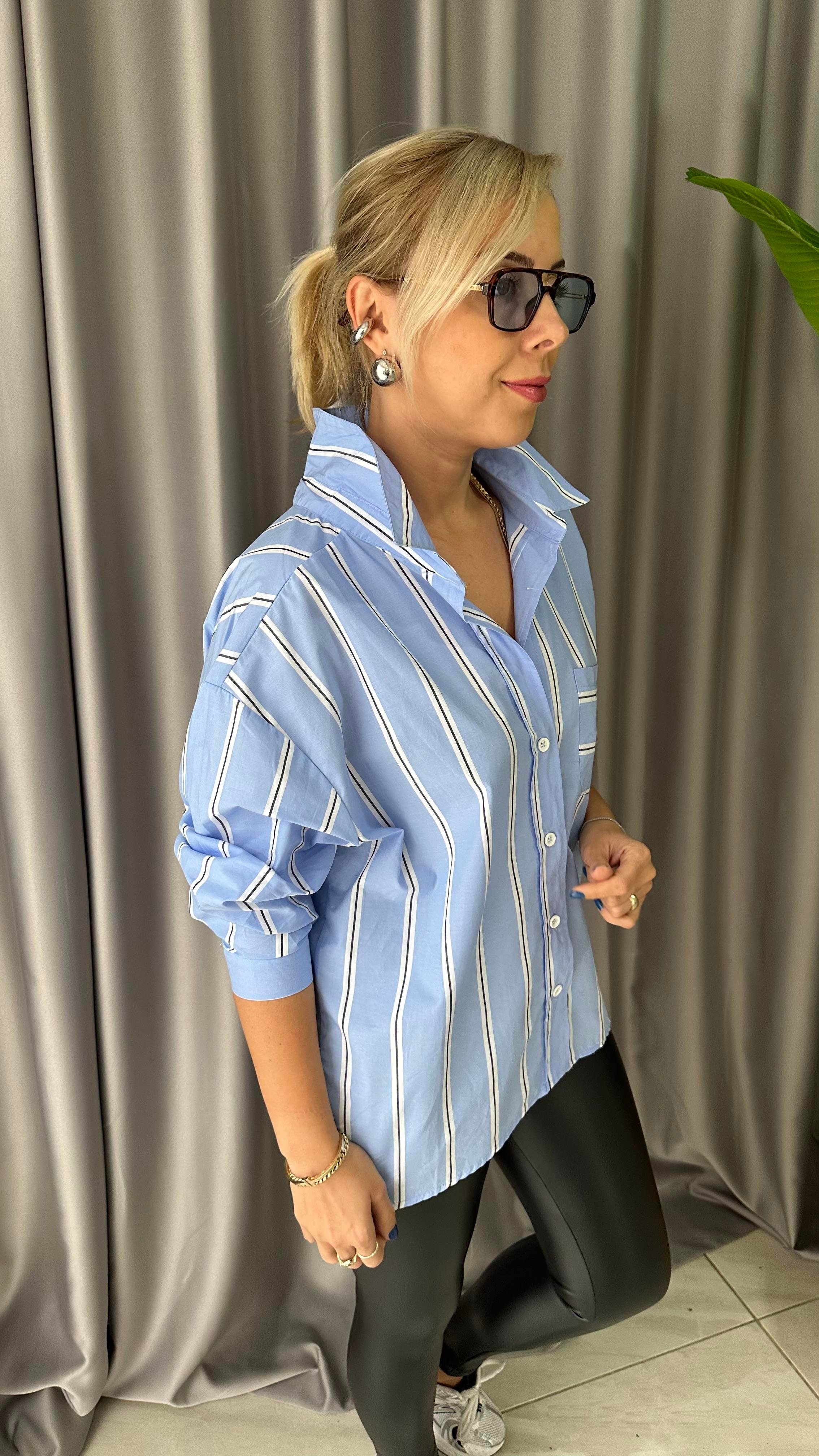 ÇİZGİLİ OVERSİZE MAVİ GÖMLEK