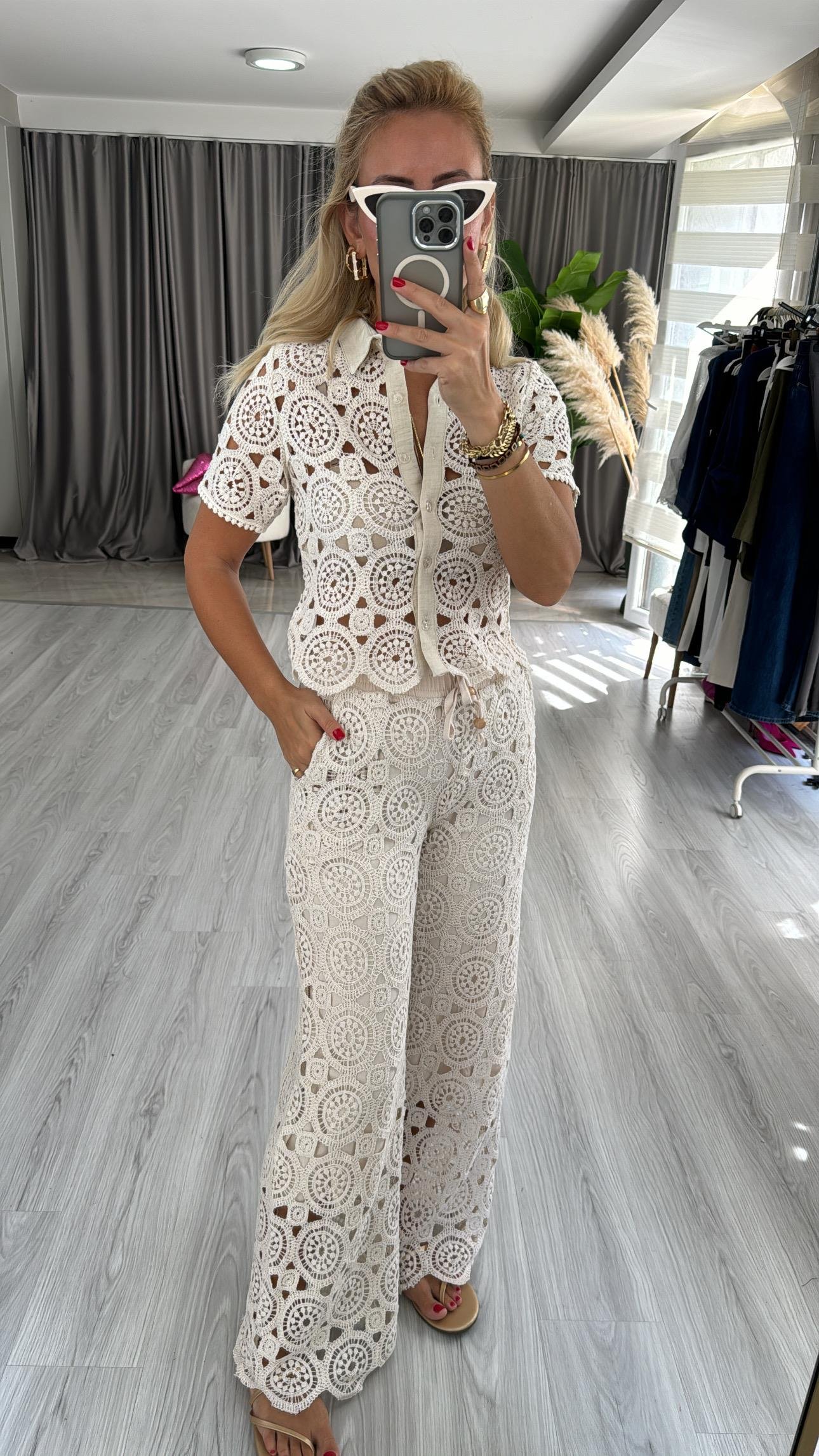 Dantel İşlemeli, Astarlı, Naturel Pantolon