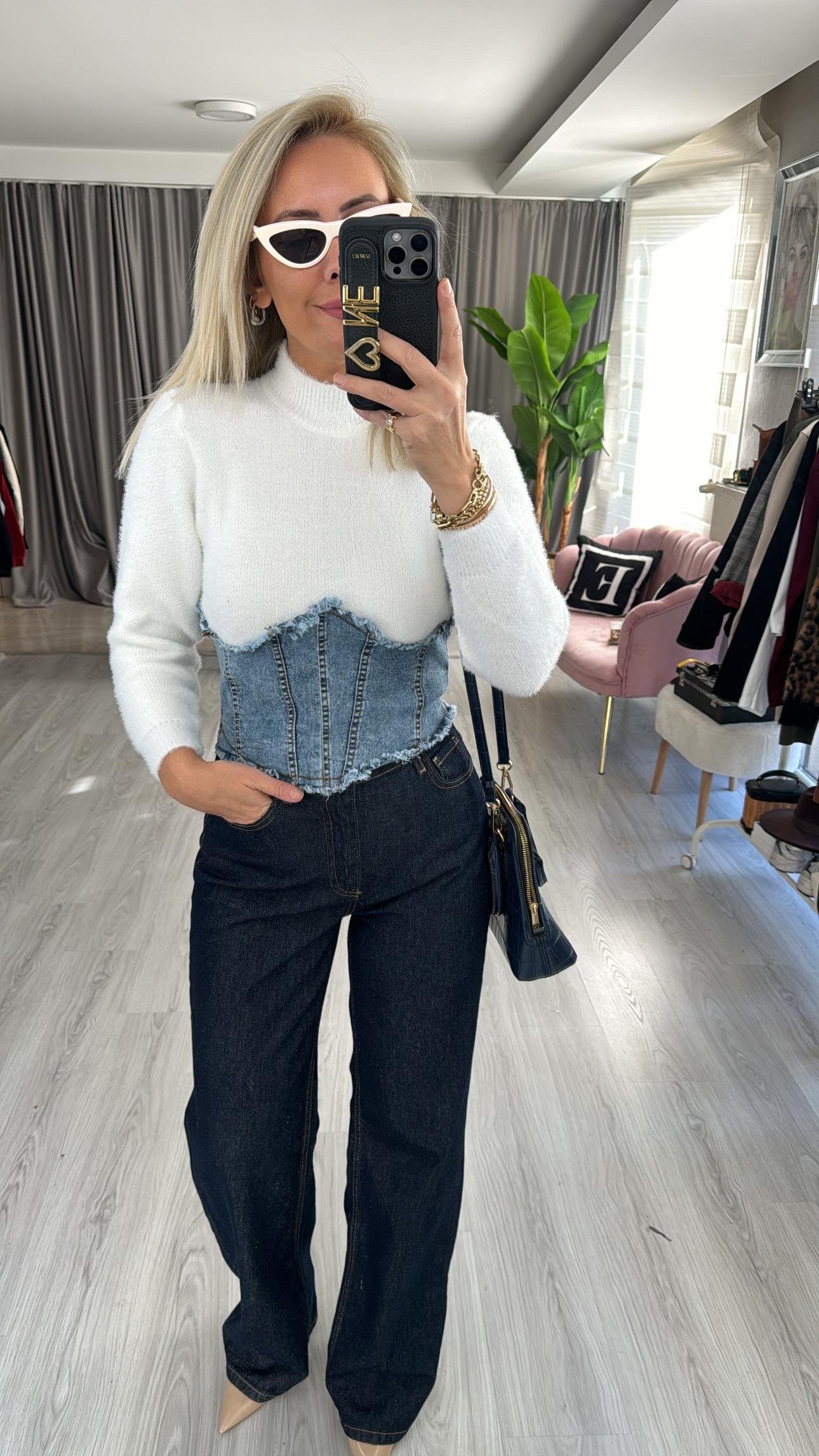 Denim Korseli Ekru Triko