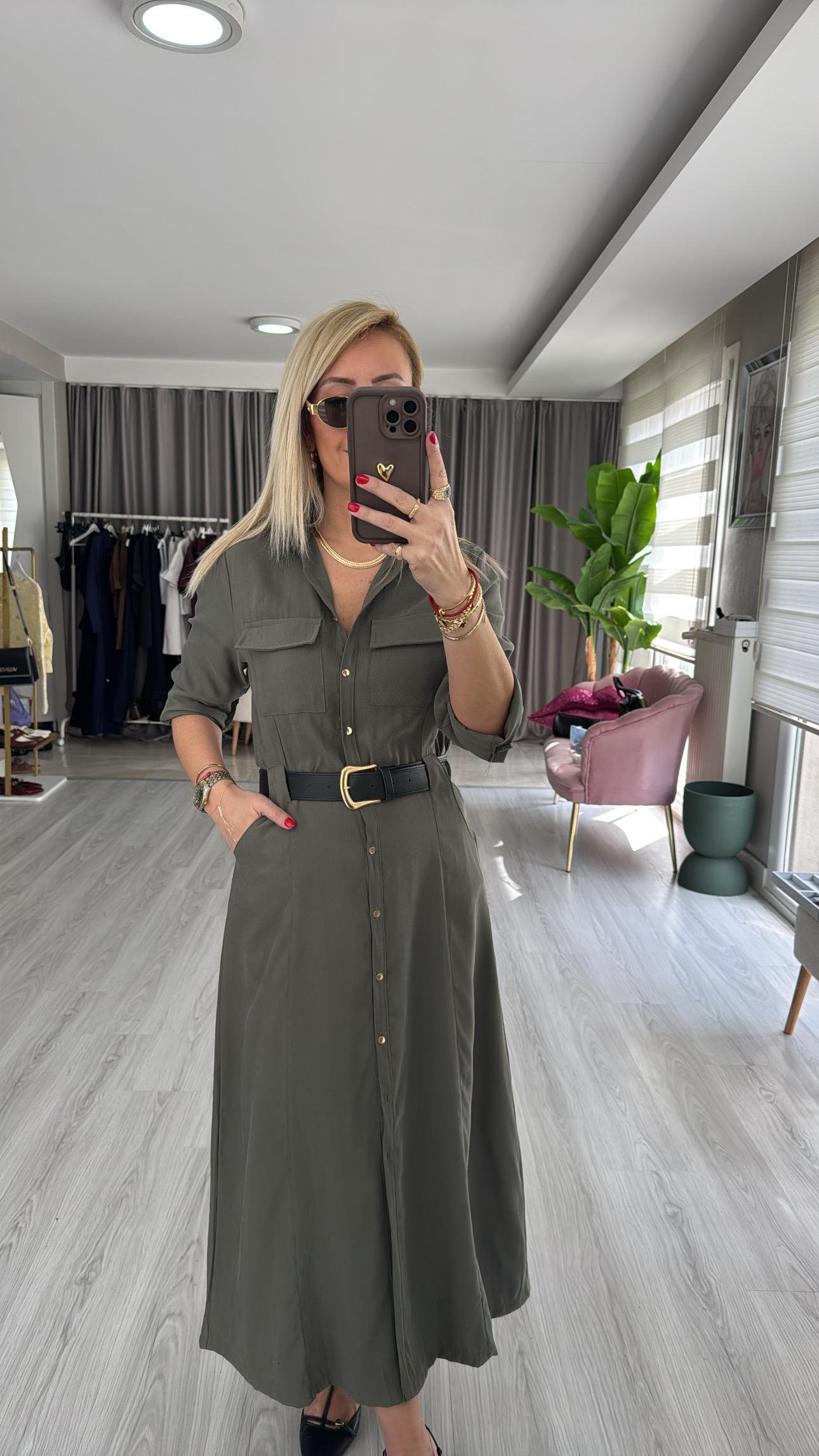 Deri Kemerli Tok Tencel Kumaş Haki Premium Gömlek Elbise