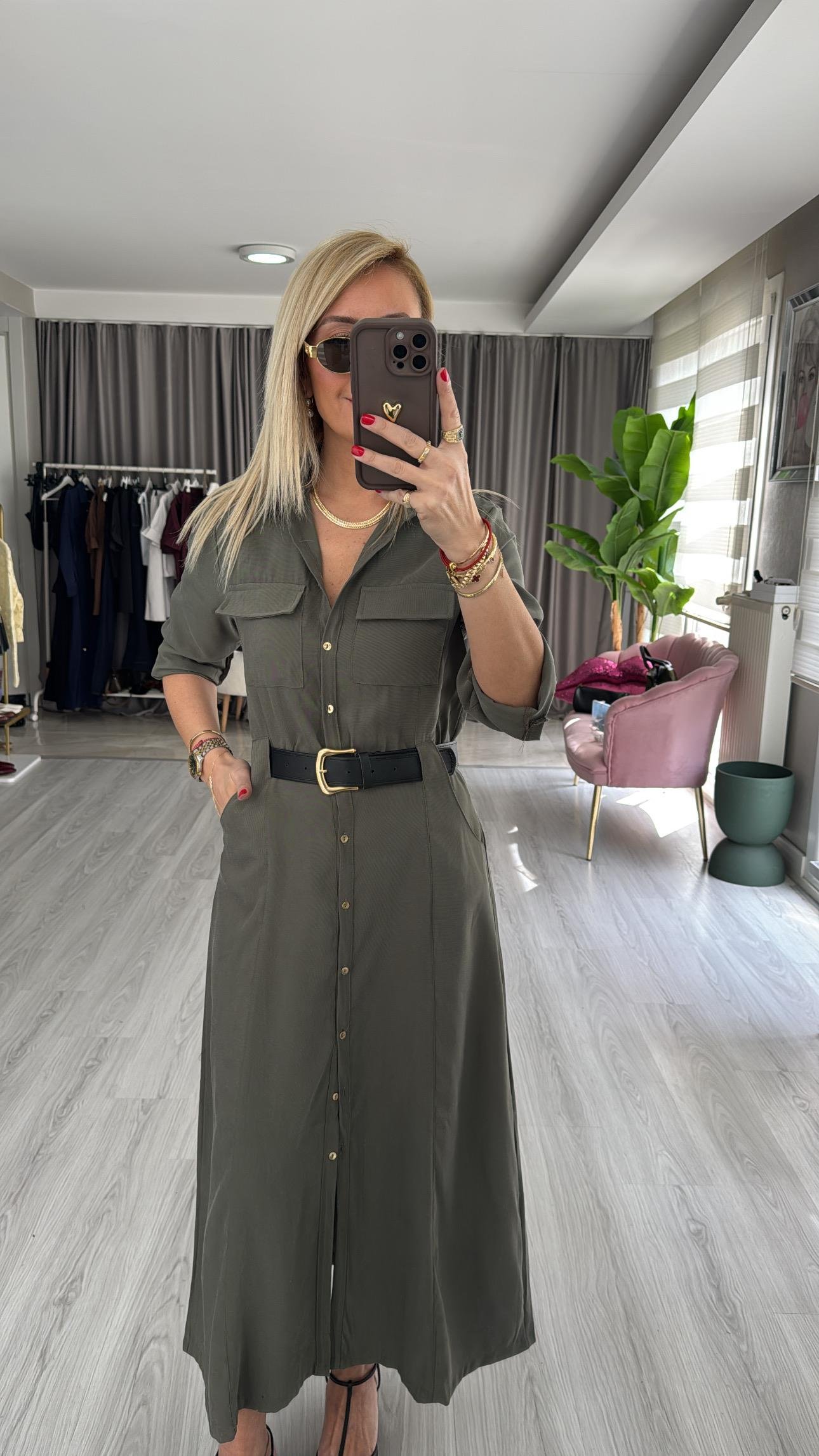 Deri Kemerli Tok Tencel Kumaş Haki Premium Gömlek Elbise