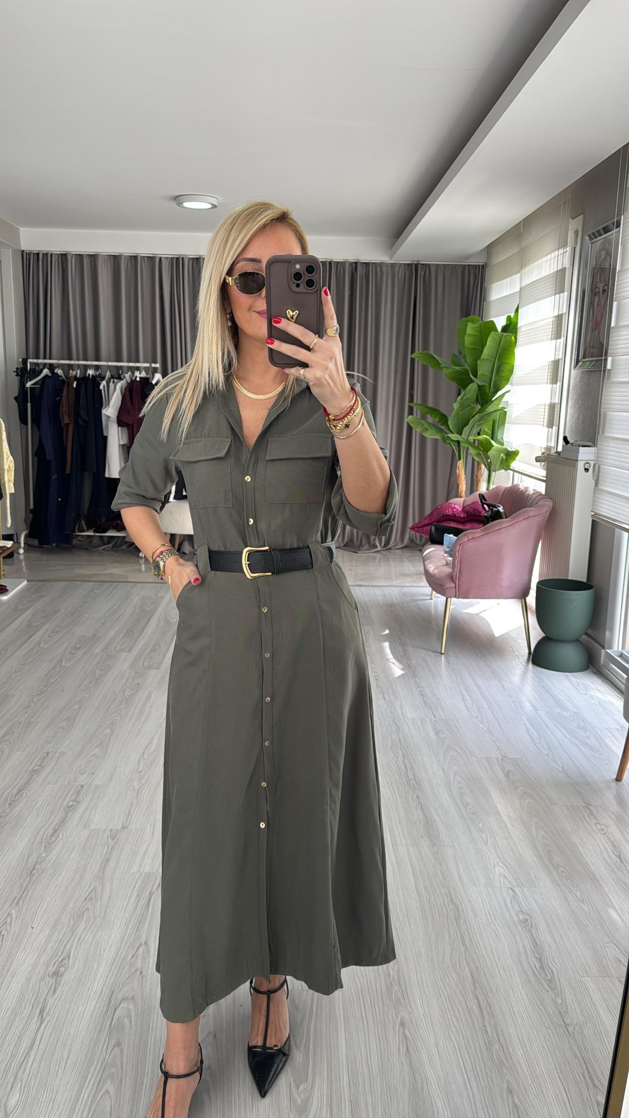 Deri Kemerli Tok Tencel Kumaş Haki Premium Gömlek Elbise
