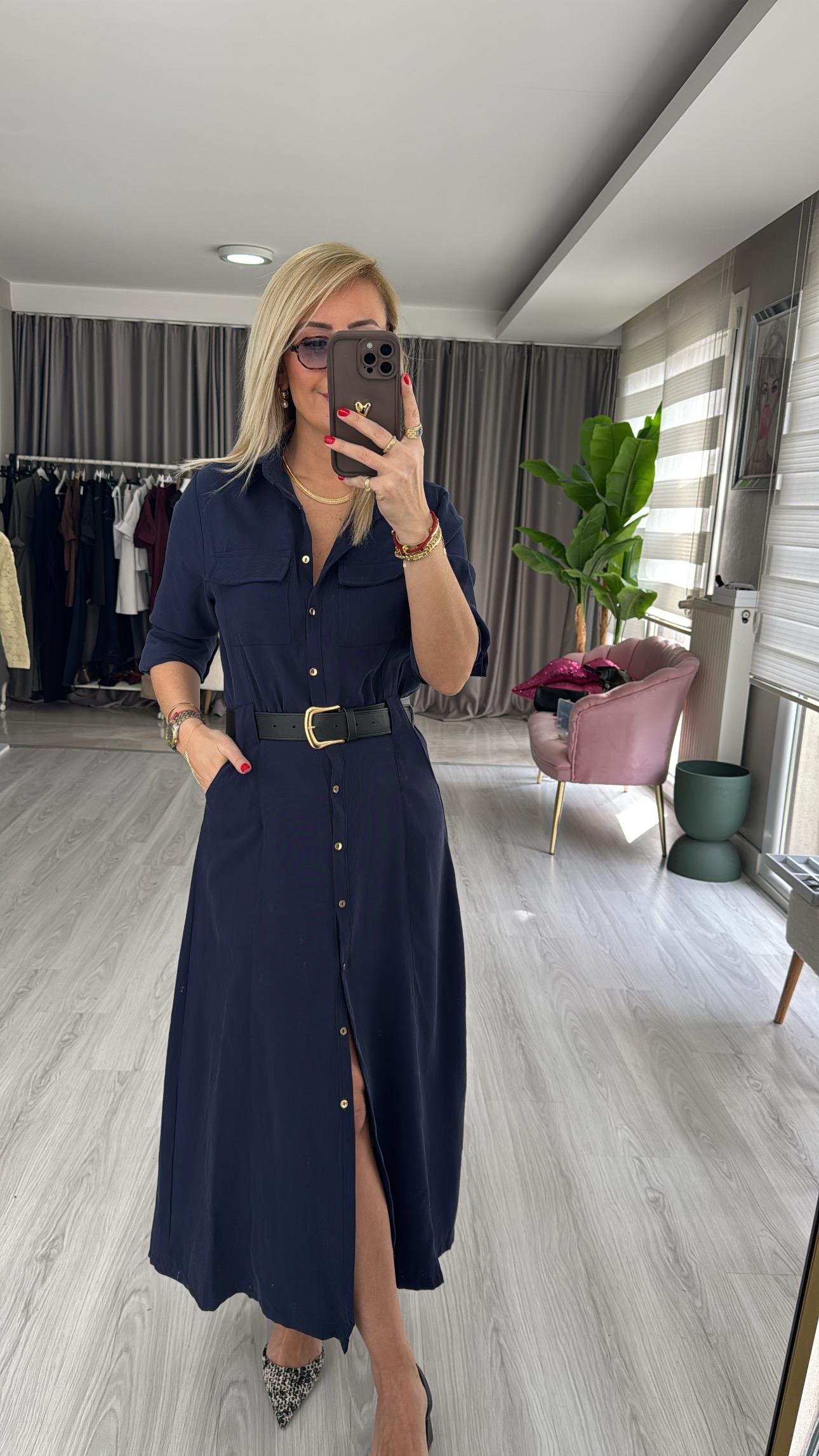 Deri Kemerli Tok Tencel Kumaş Lacivert Premium Gömlek Elbise