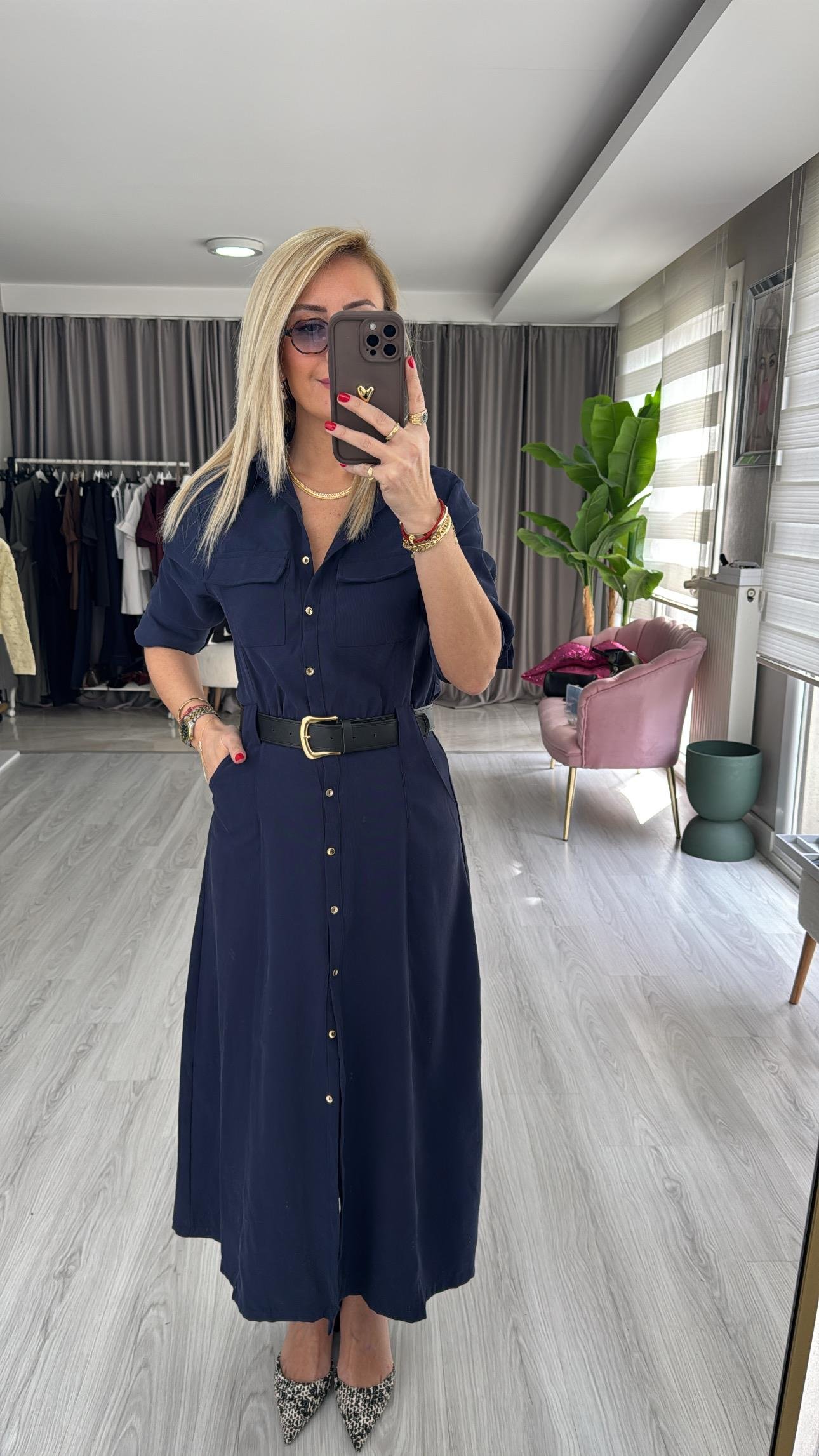 Deri Kemerli Tok Tencel Kumaş Lacivert Premium Gömlek Elbise
