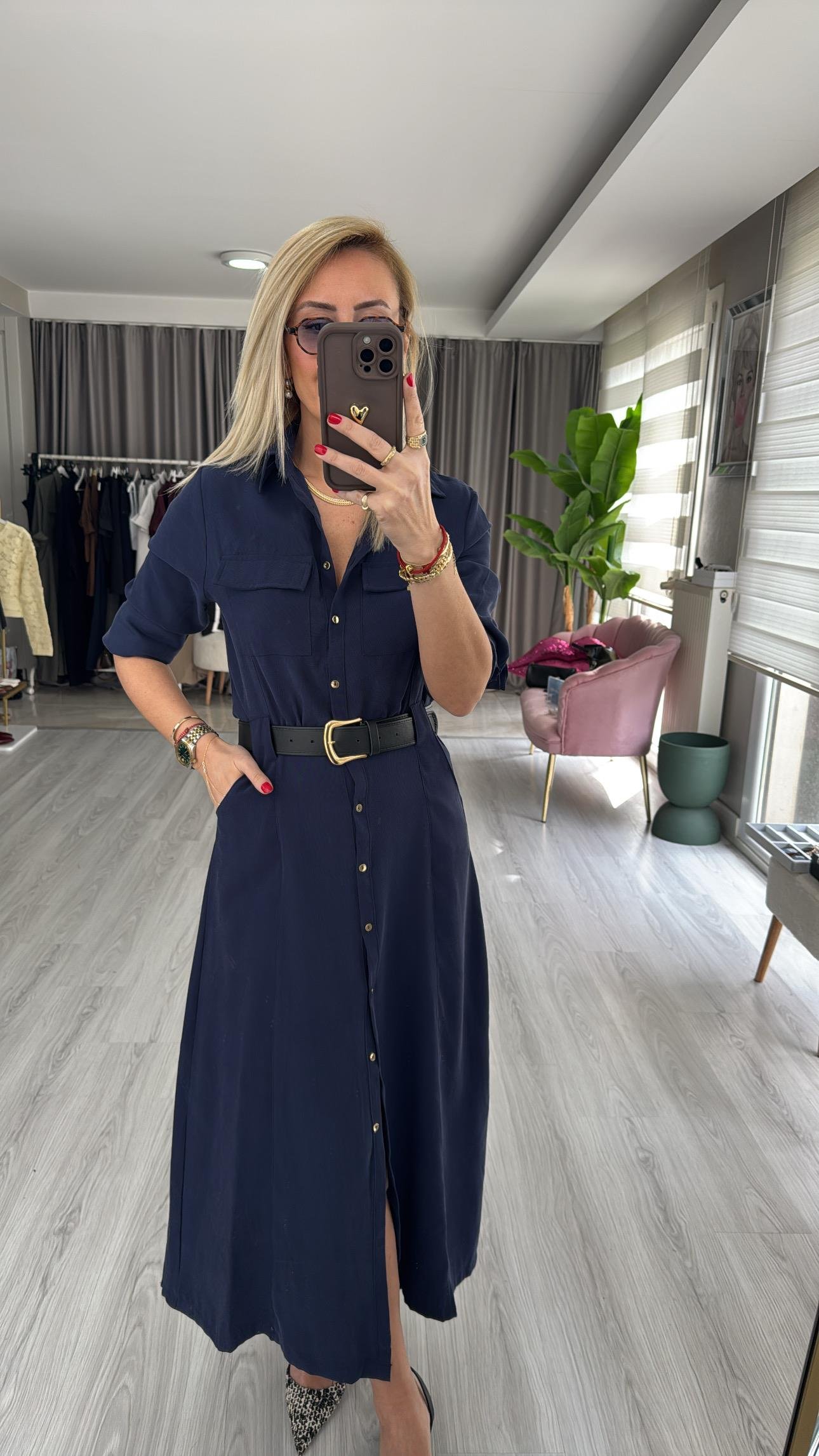Deri Kemerli Tok Tencel Kumaş Lacivert Premium Gömlek Elbise