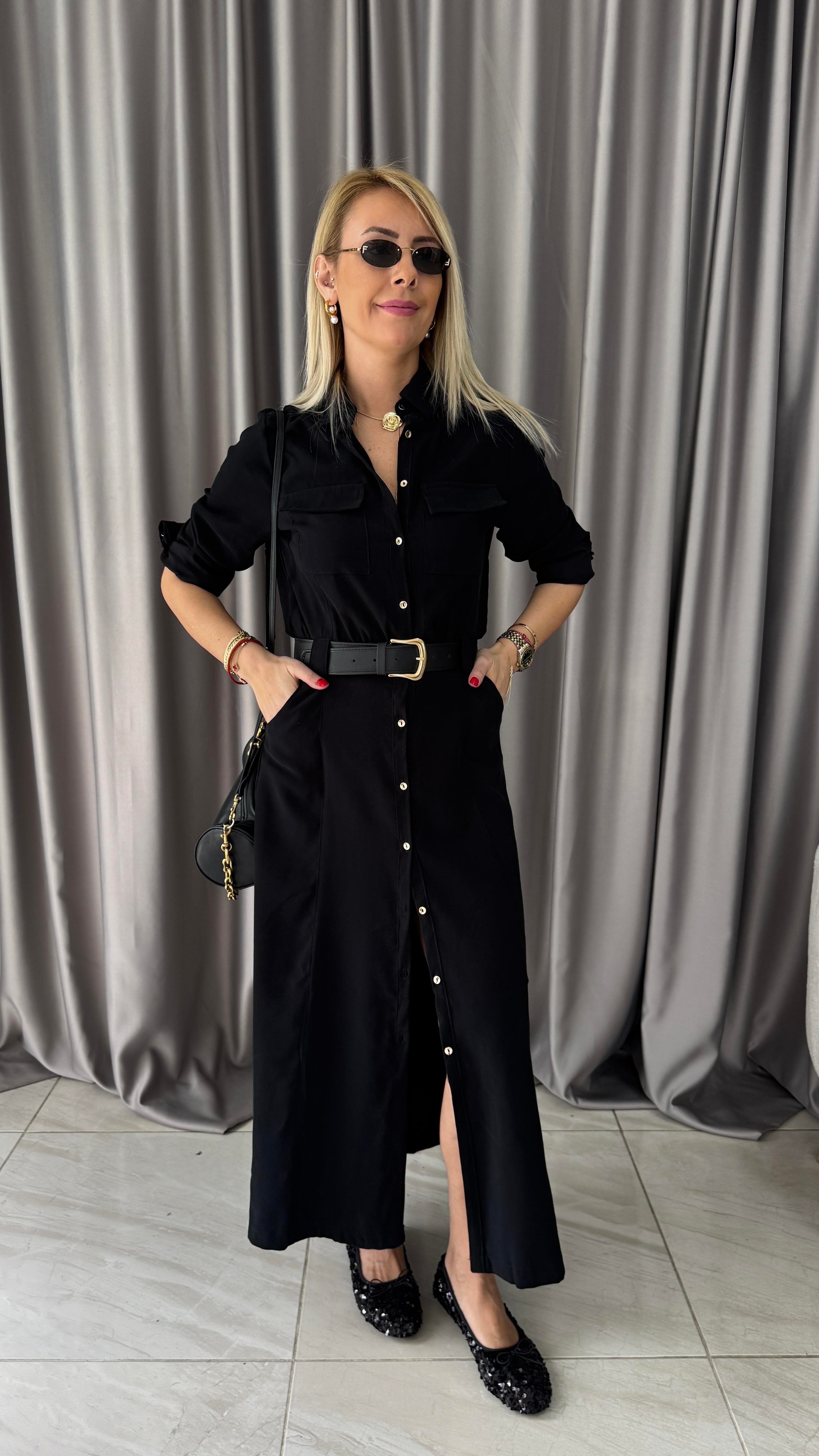 Deri Kemerli Tok Tencel Kumaş Siyah Premium Gömlek Elbise