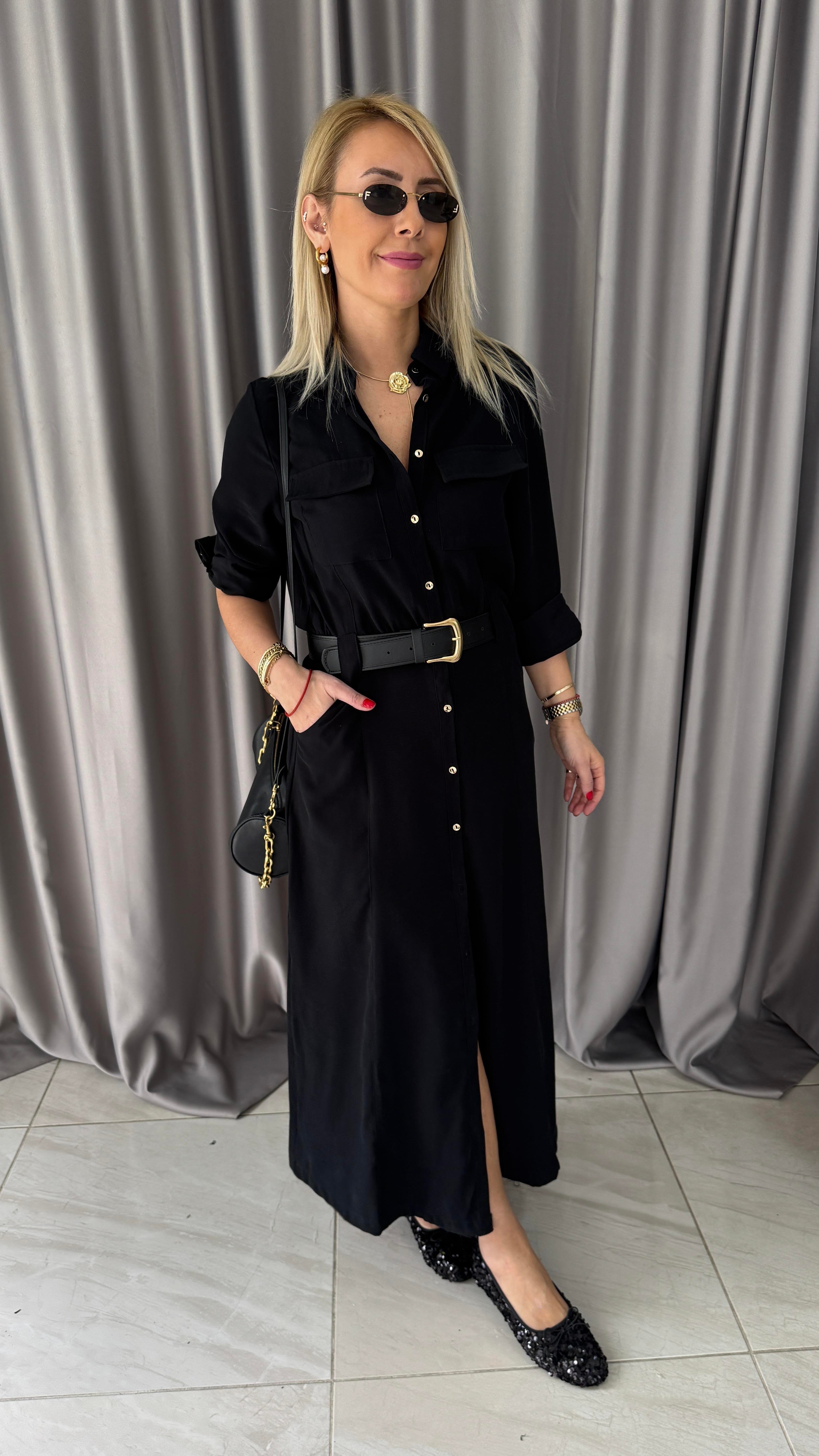 Deri Kemerli Tok Tencel Kumaş Siyah Premium Gömlek Elbise