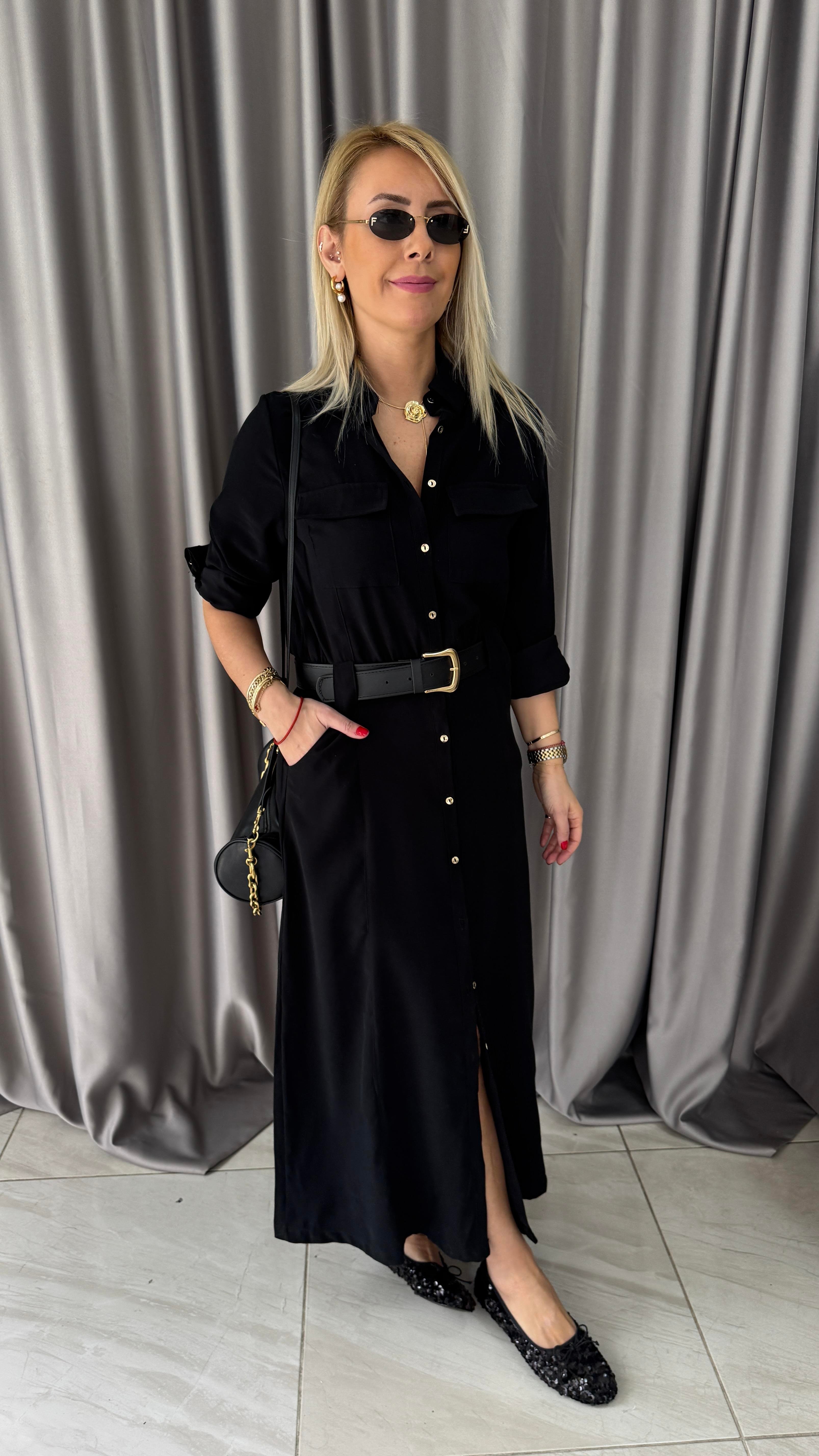 Deri Kemerli Tok Tencel Kumaş Siyah Premium Gömlek Elbise