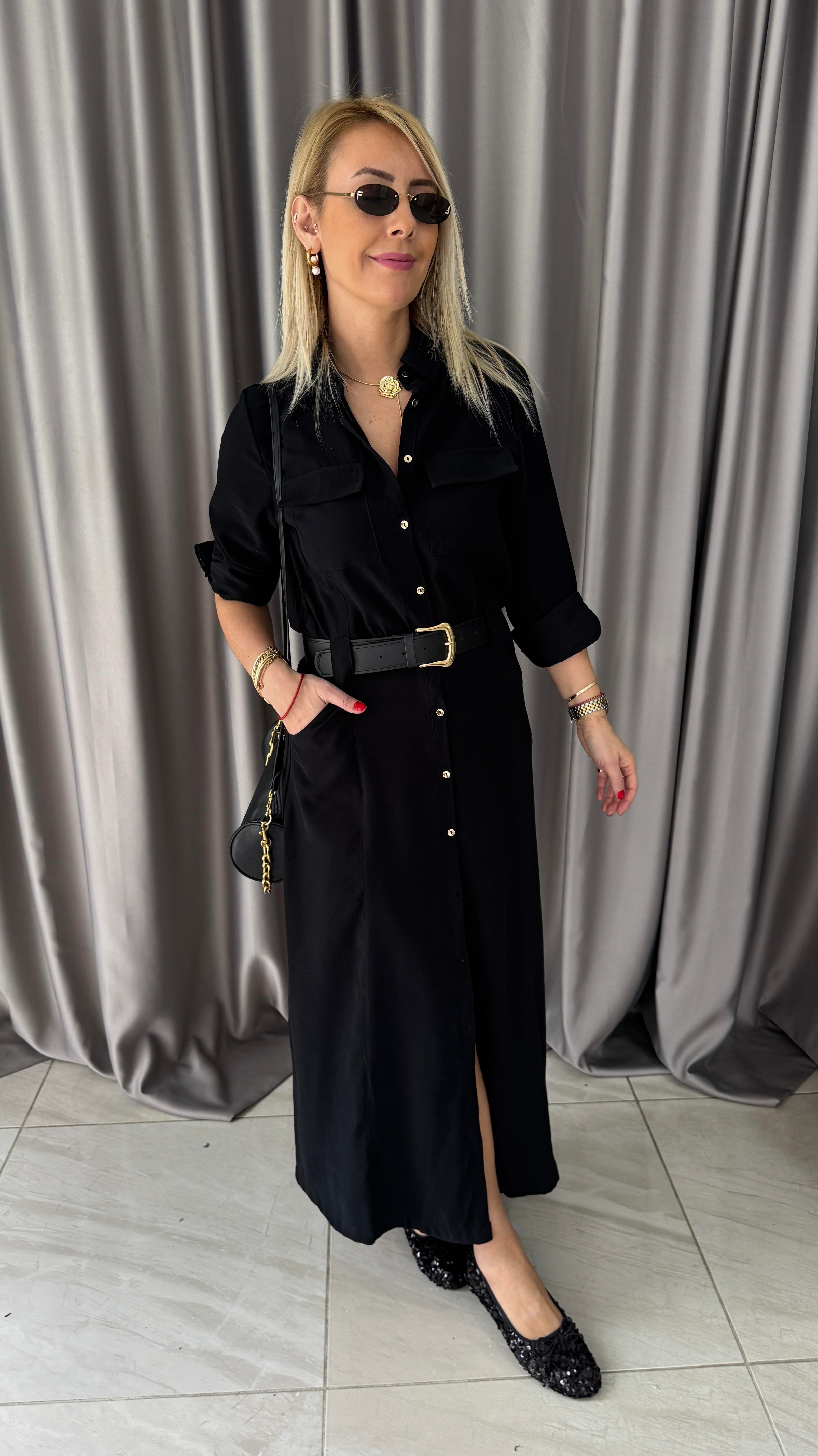 Deri Kemerli Tok Tencel Kumaş Siyah Premium Gömlek Elbise