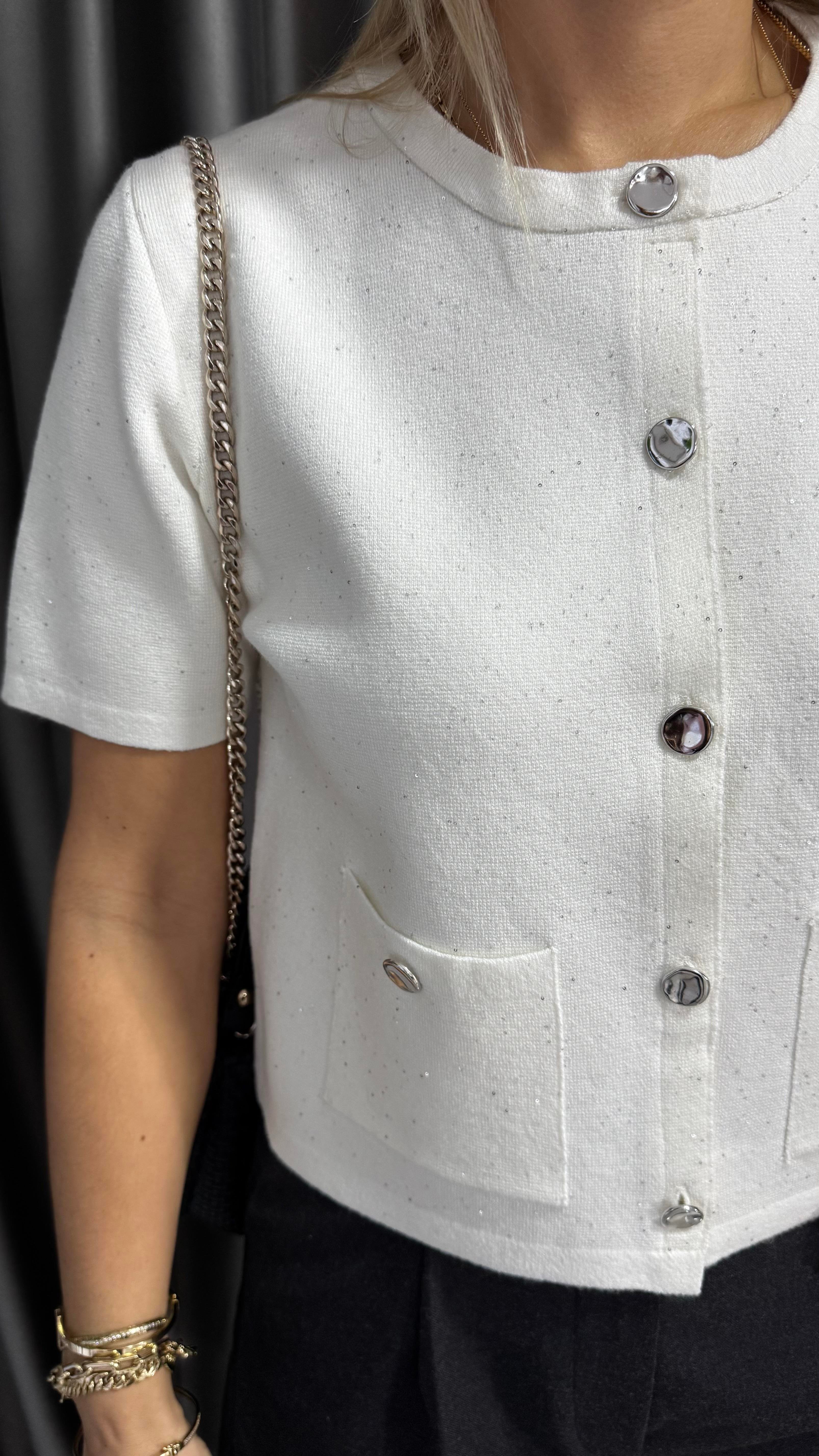 Dilvin Kendinden Simli Pullu Düğmeli Ekru Triko Hırka