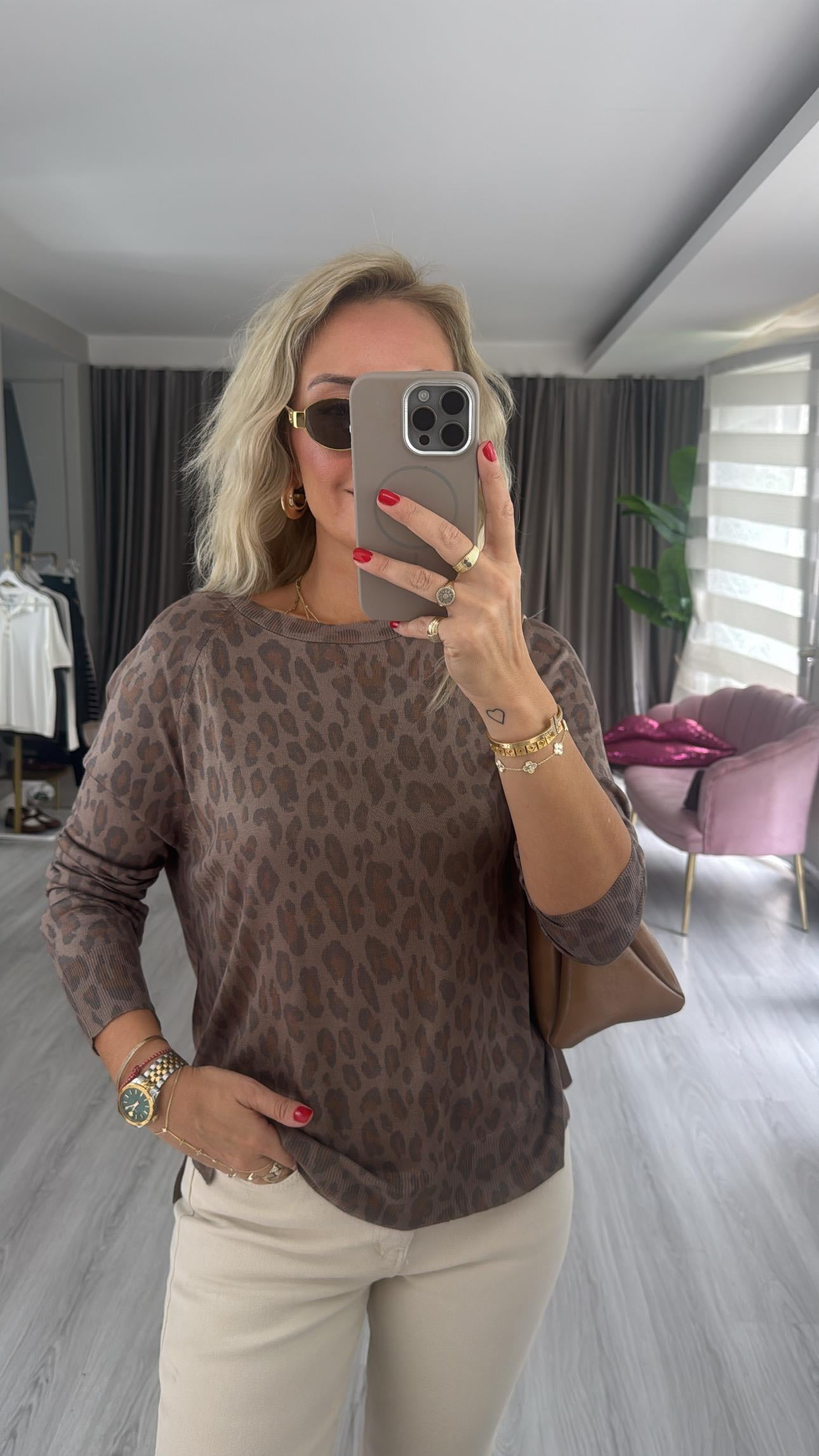 Dilvin Leopar Desen Merserize Triko