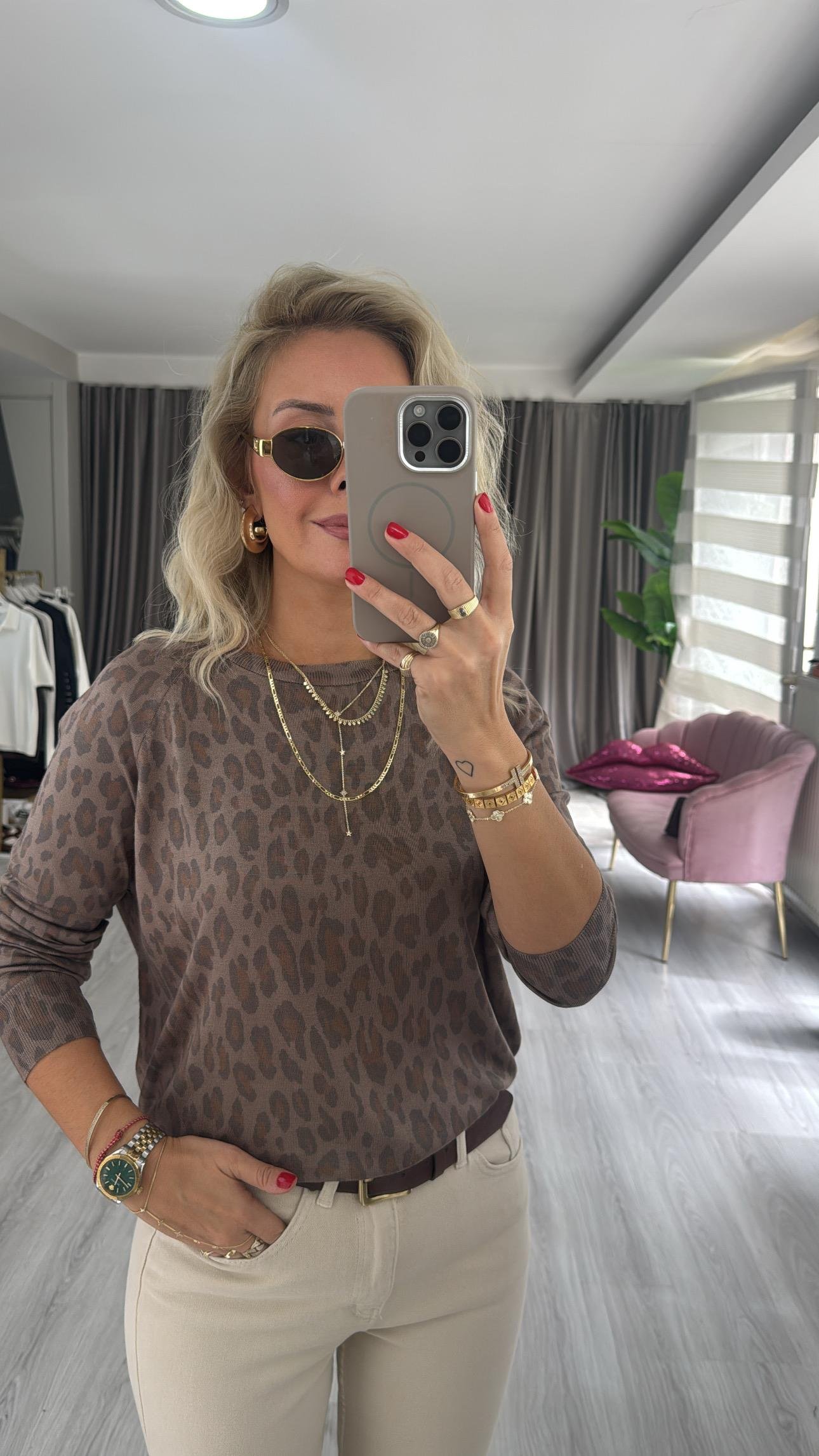 Dilvin Leopar Desen Merserize Triko