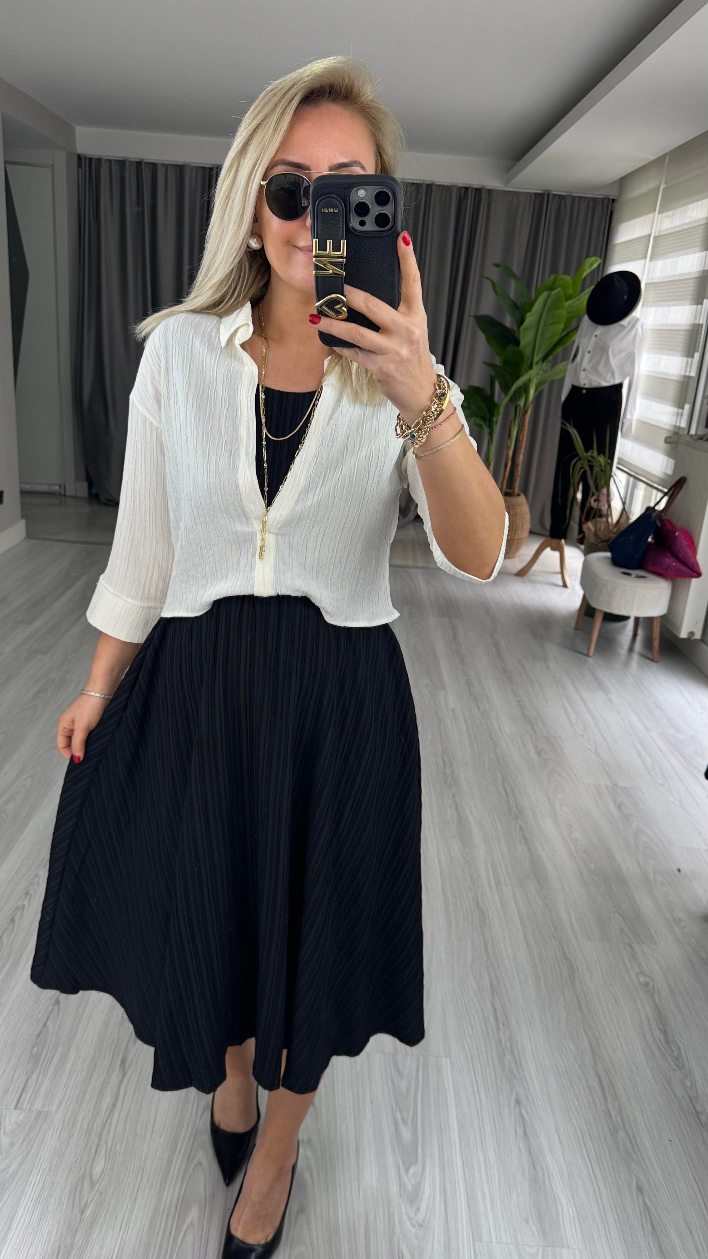 EKRU GÖMLEK DETAYLI SİYAH TENCEL ELBİSE