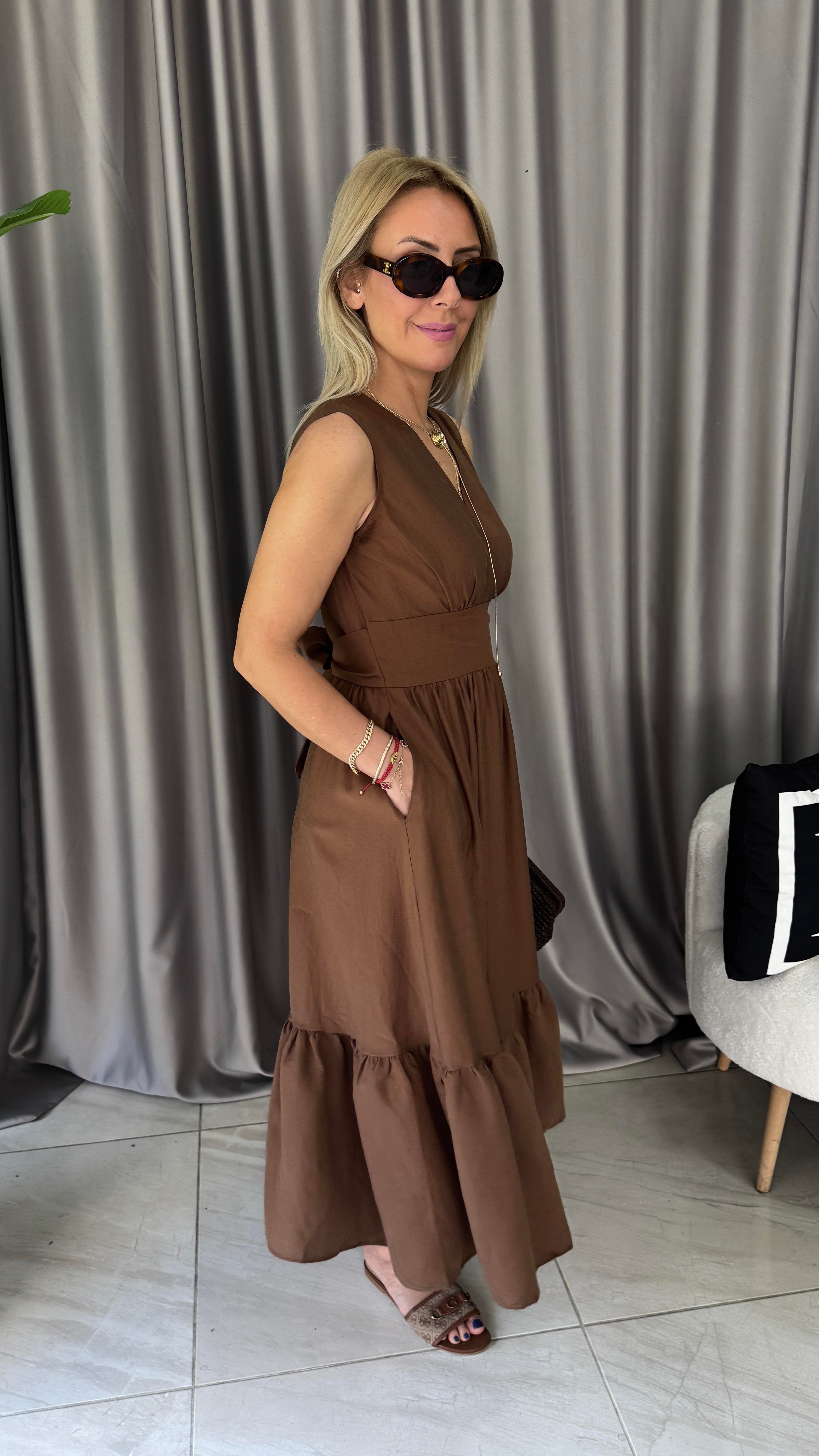 Etek Ucu Volanlı Kruvaze Kahverengi Tencel Elbise
