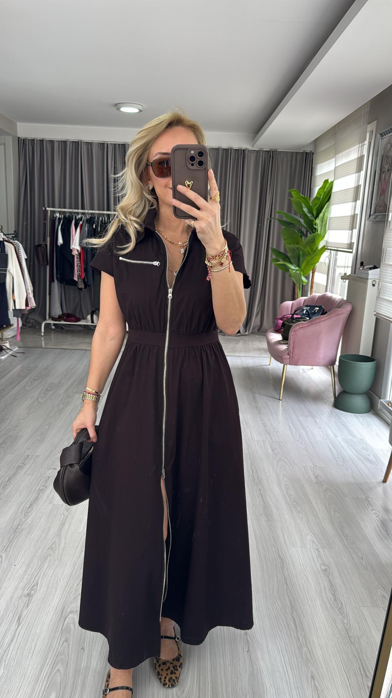 Fermuarlı Poplin Acı Kahve Elbise