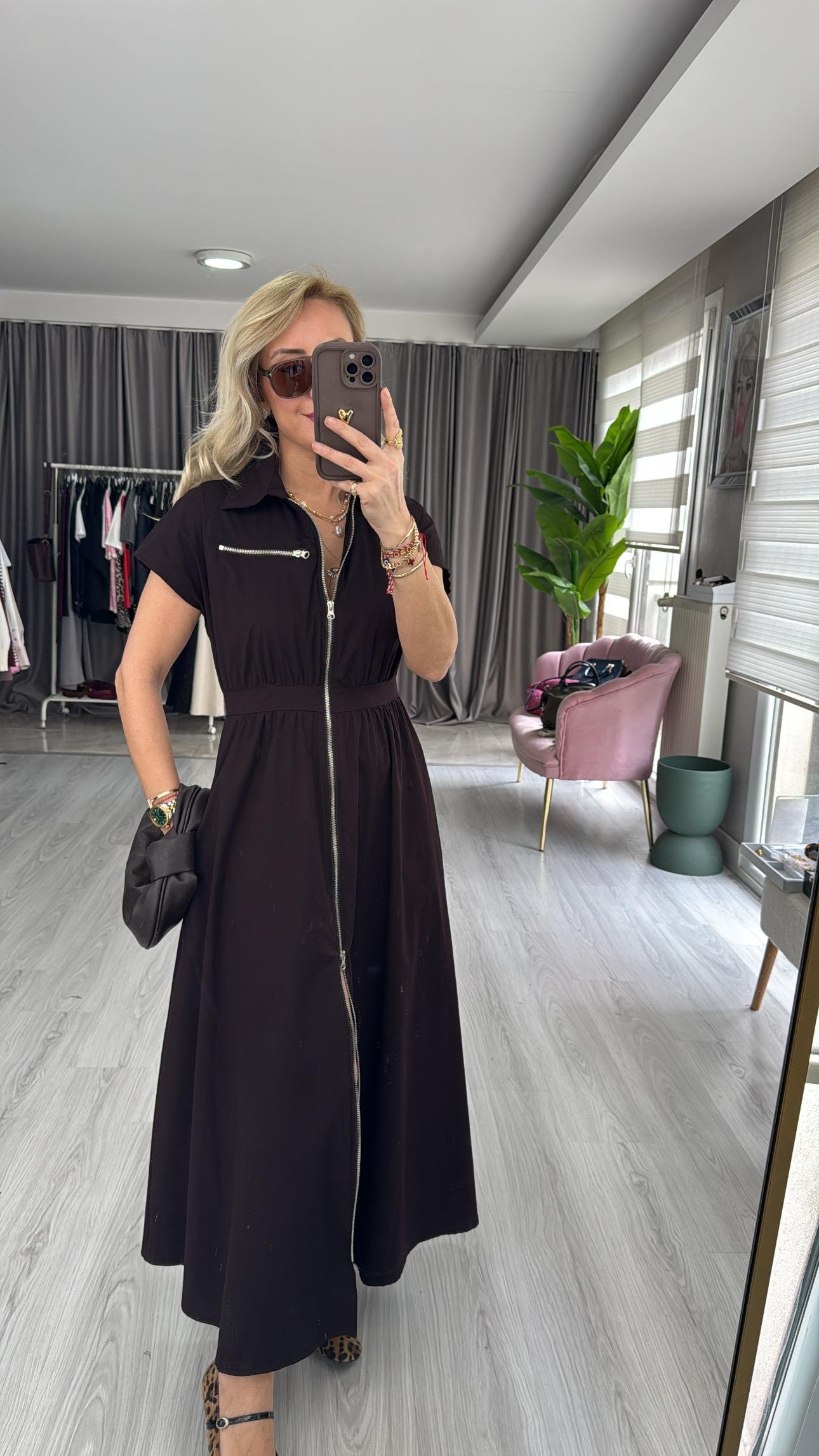 Fermuarlı Poplin Acı Kahve Elbise