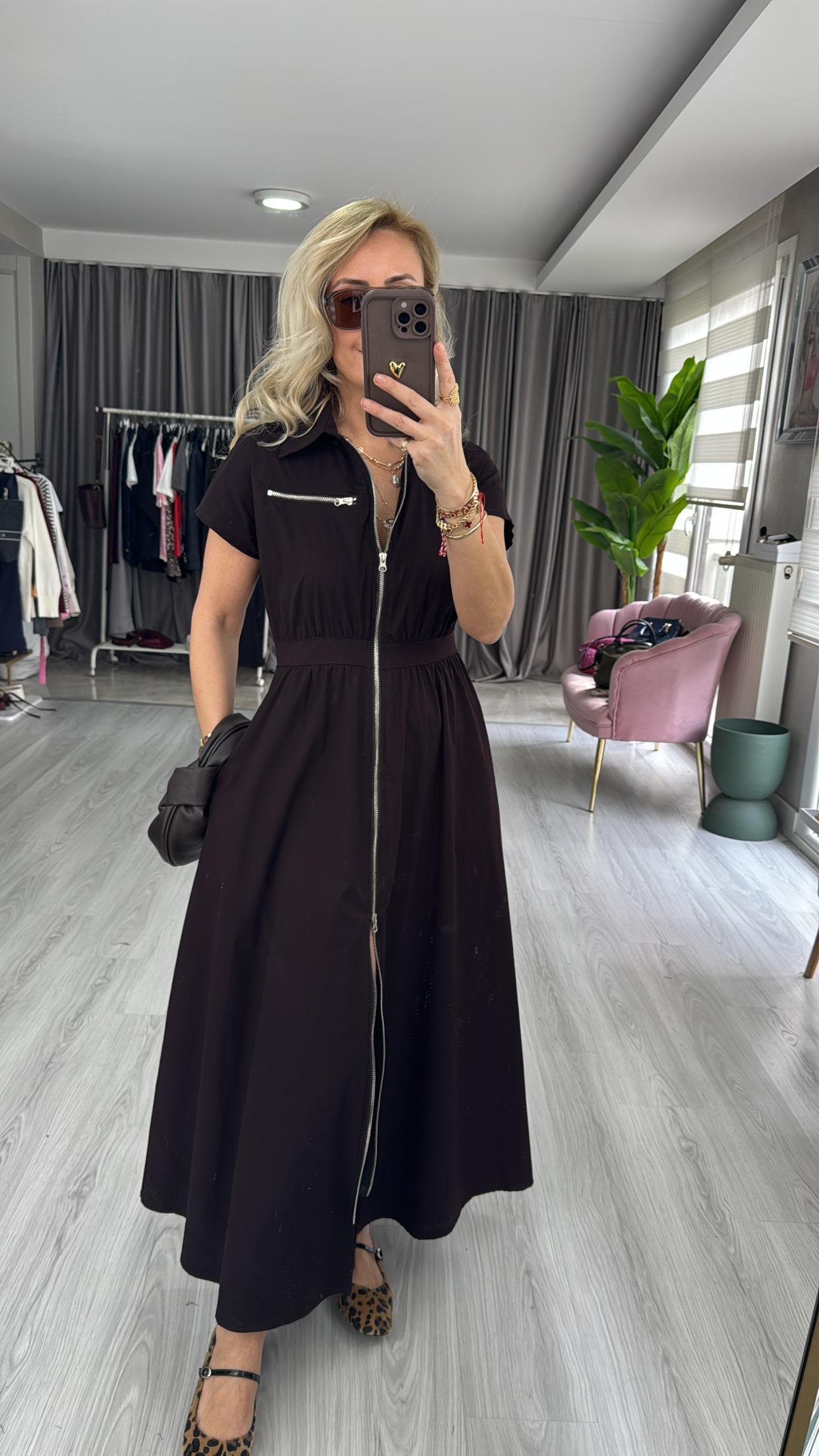 Fermuarlı Poplin Acı Kahve Elbise