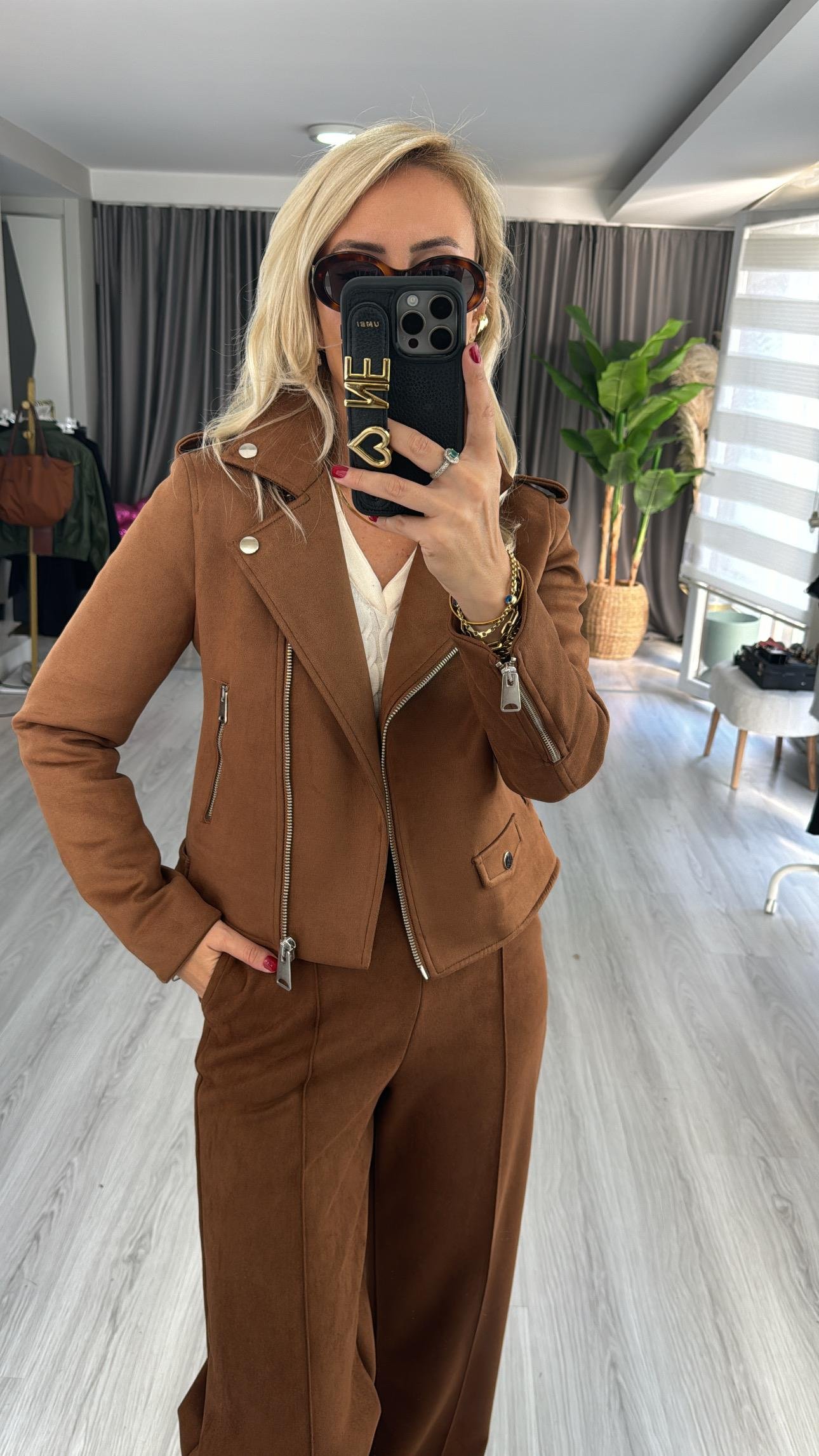 Fermuarlı Taba Süet Ceket