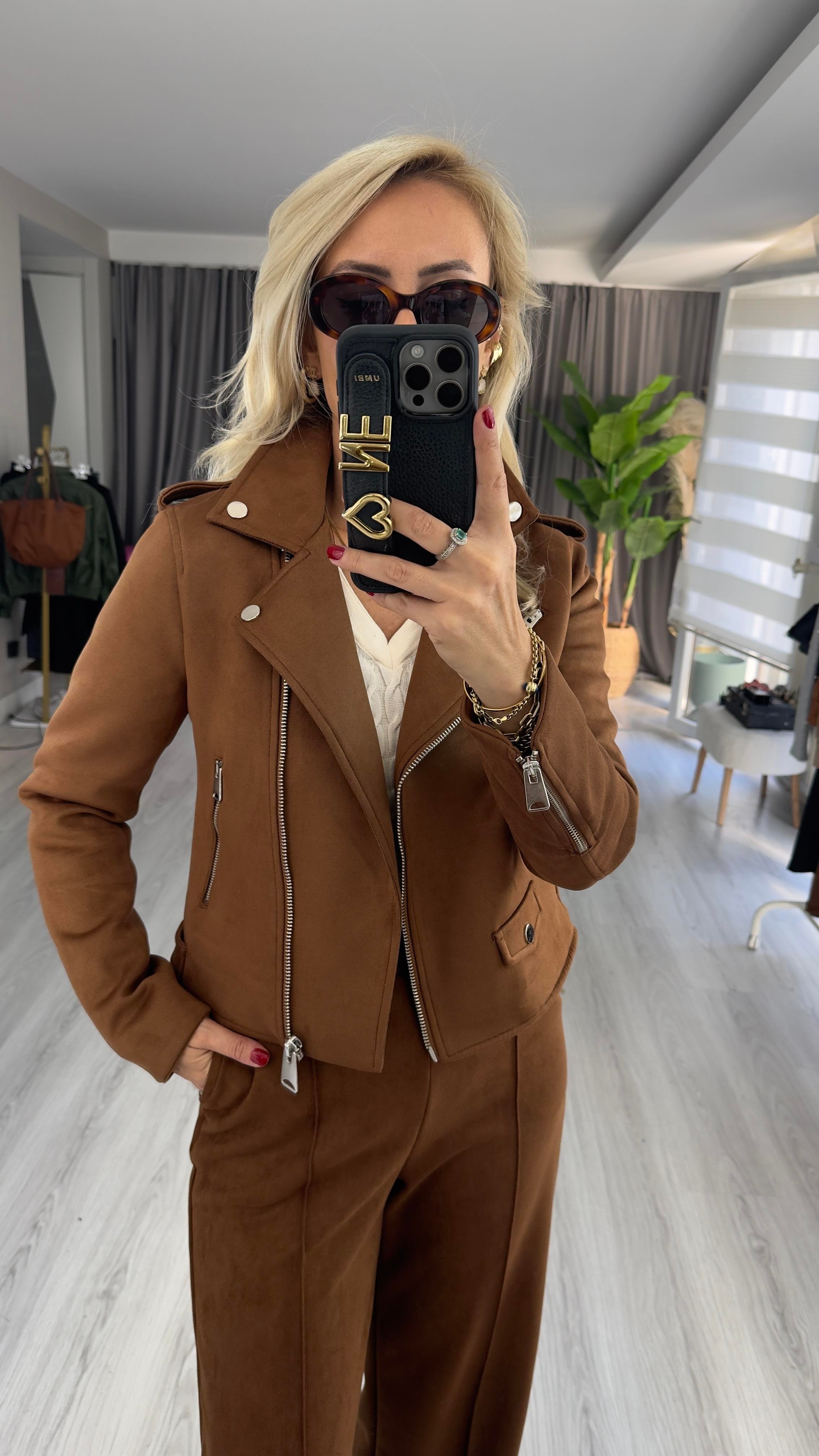 Fermuarlı Taba Süet Ceket