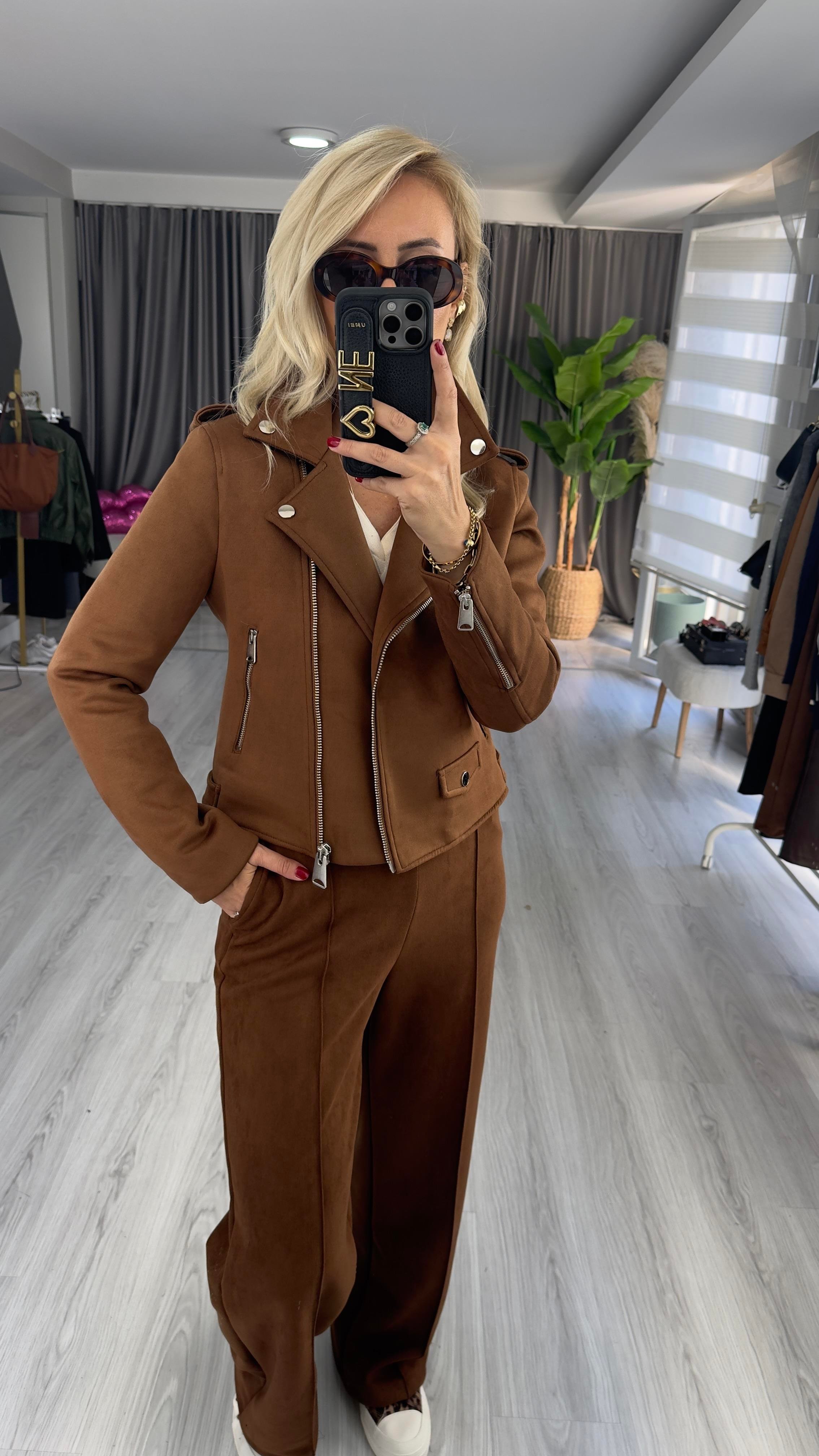 Fermuarlı Taba Süet Ceket