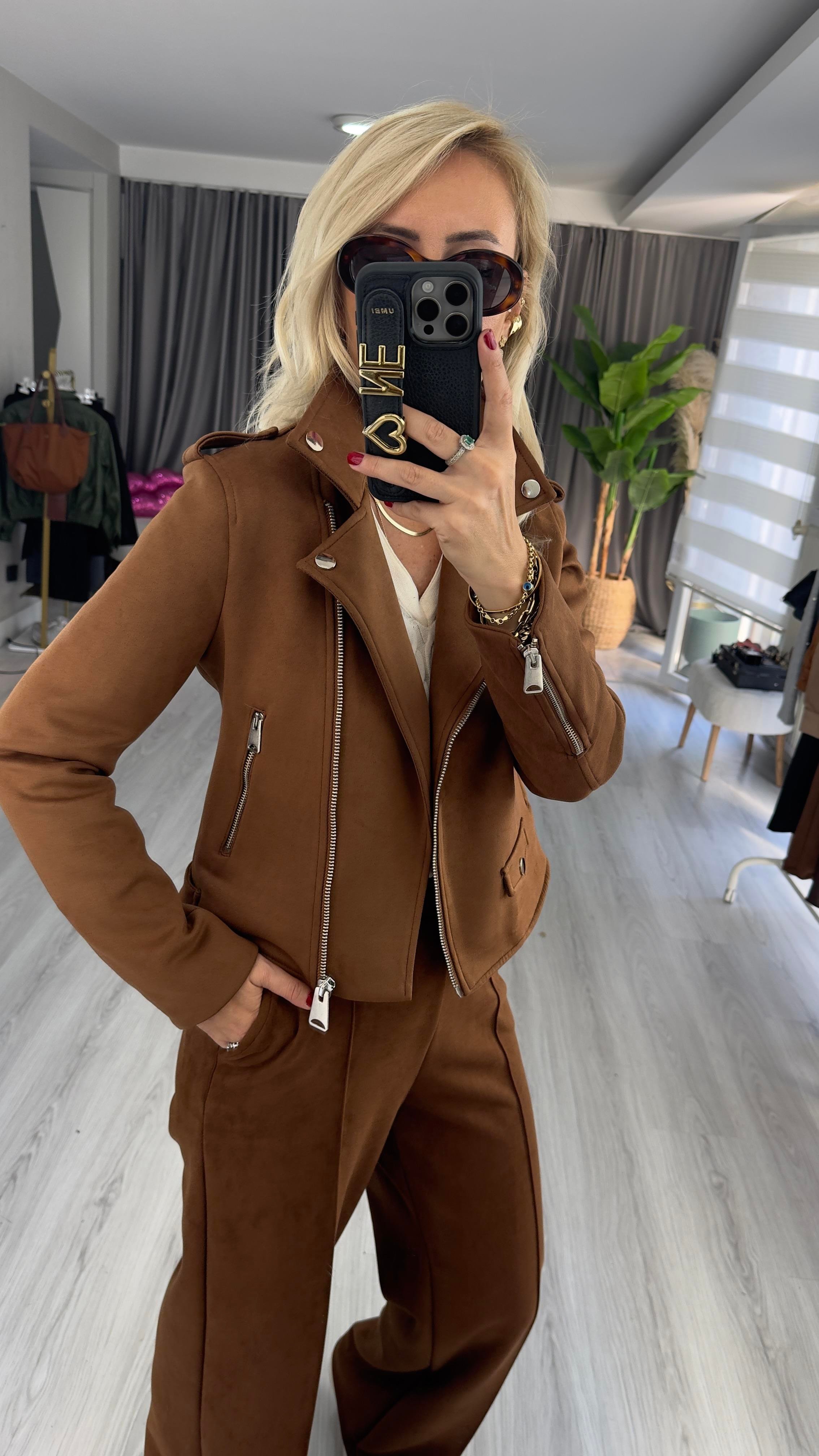 Fermuarlı Taba Süet Ceket