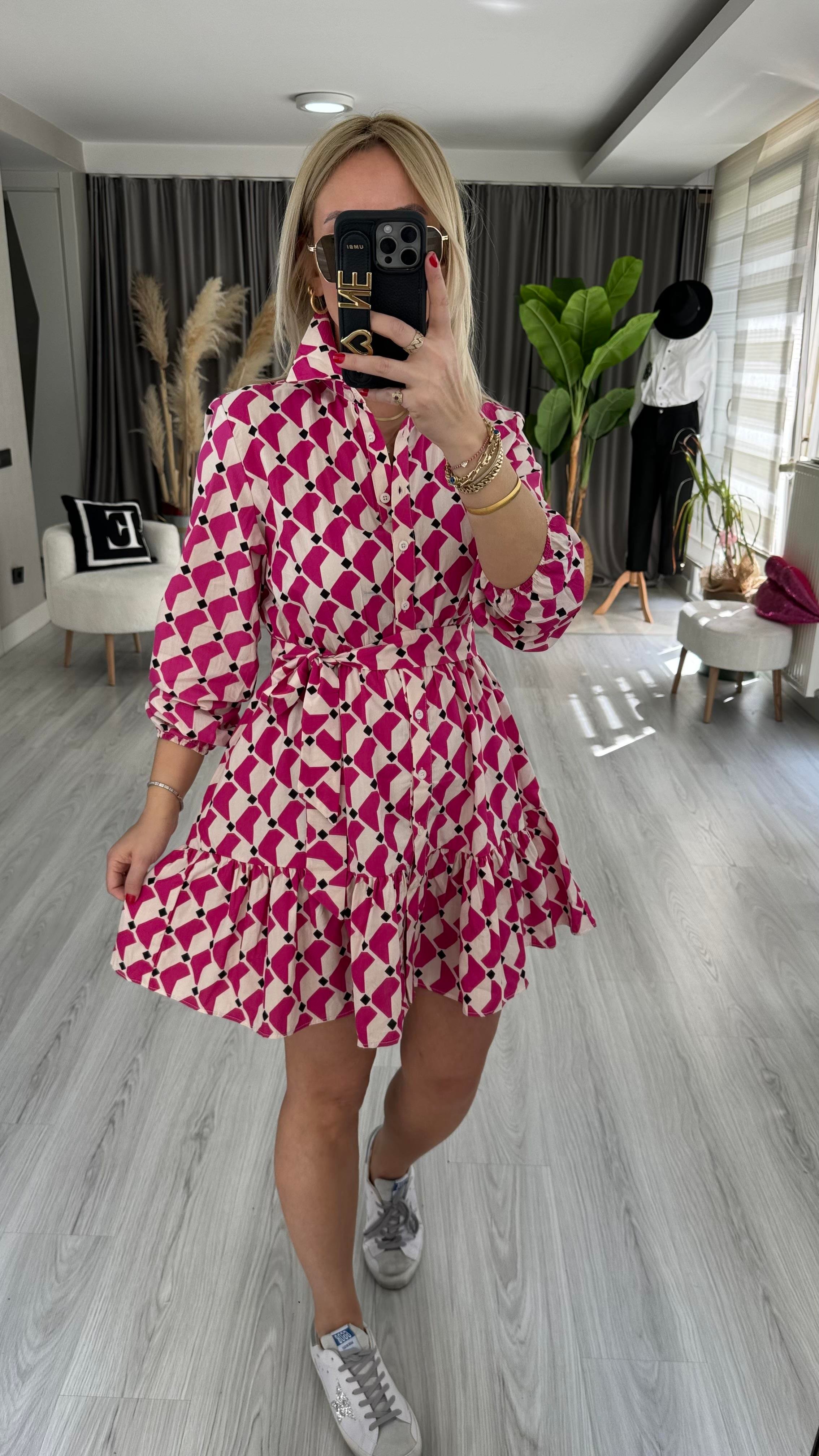 GEOMETRİK DESEN, KEMERLİ FUŞYA ELBİSE