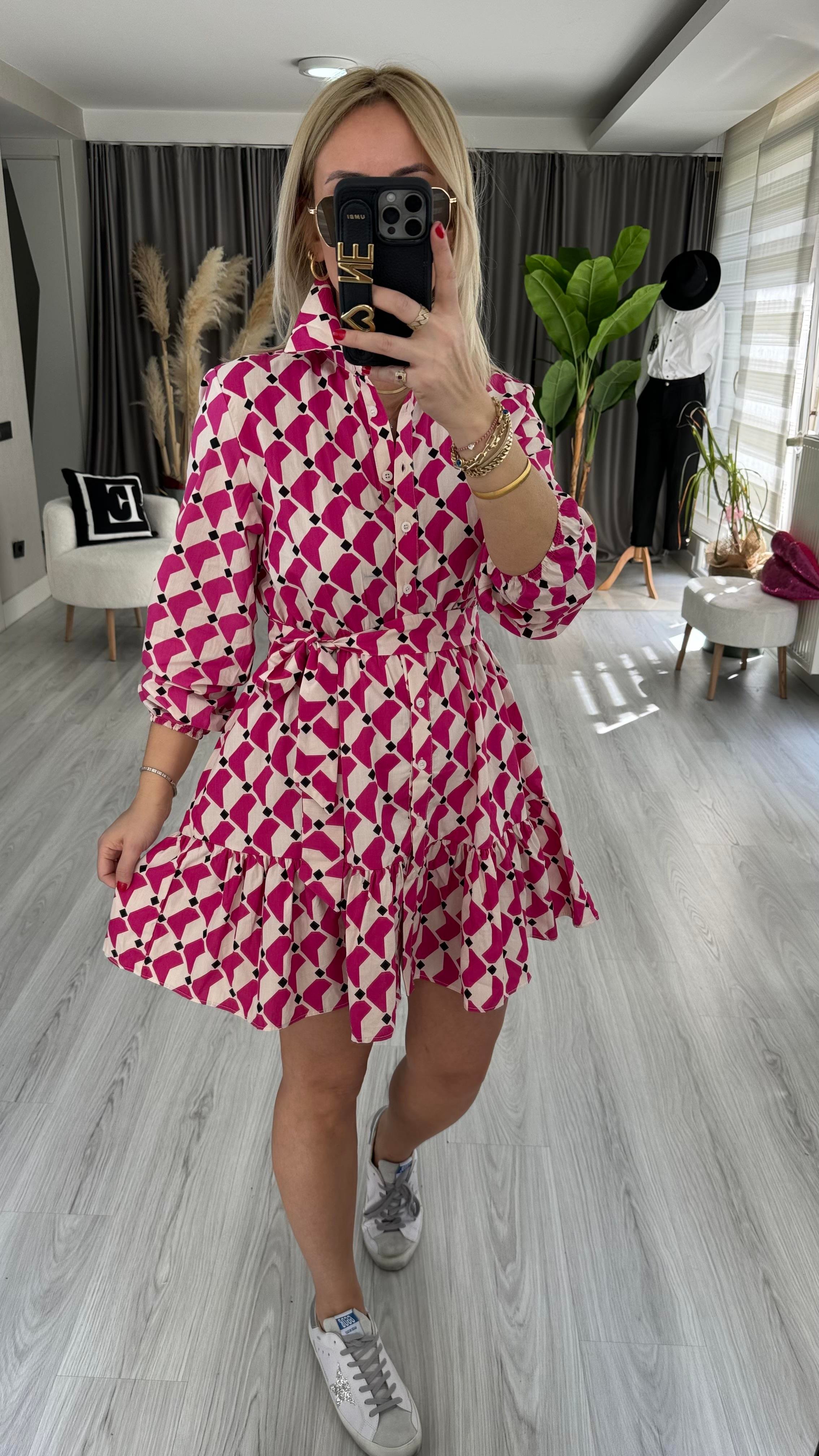 GEOMETRİK DESEN, KEMERLİ FUŞYA ELBİSE