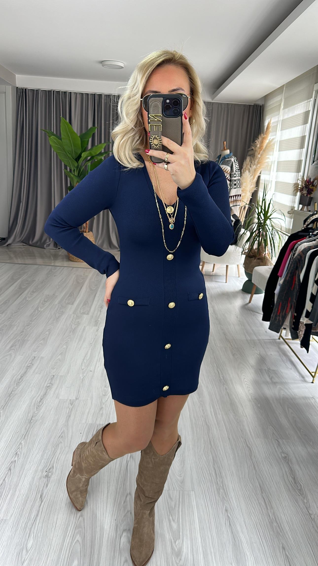 GOLD DÜĞME DETAYLI ÇELİK TRİKO ELBİSE / LACİVERT
