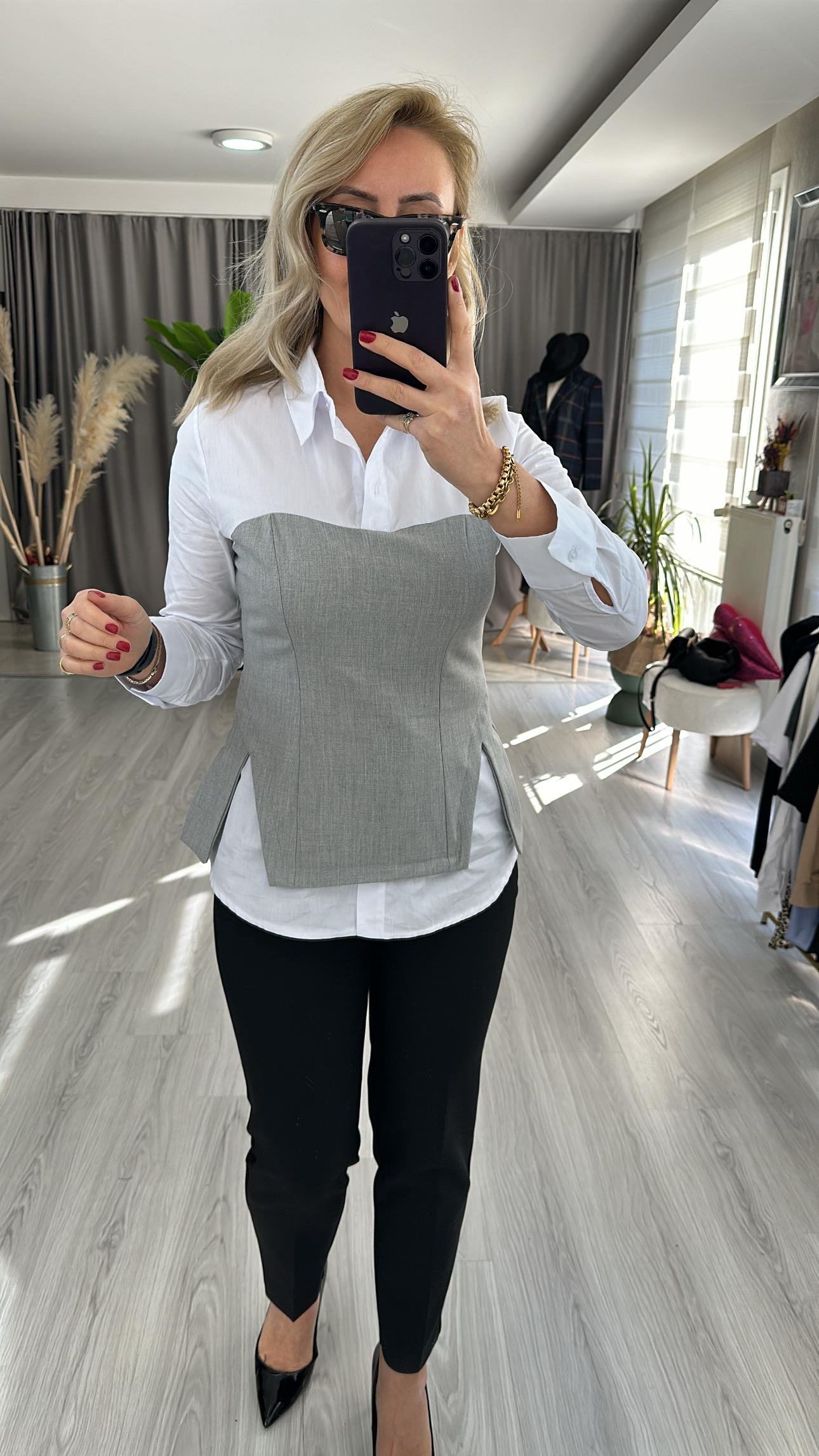 GRİ BÜSTİYERLİ GÖMLEK